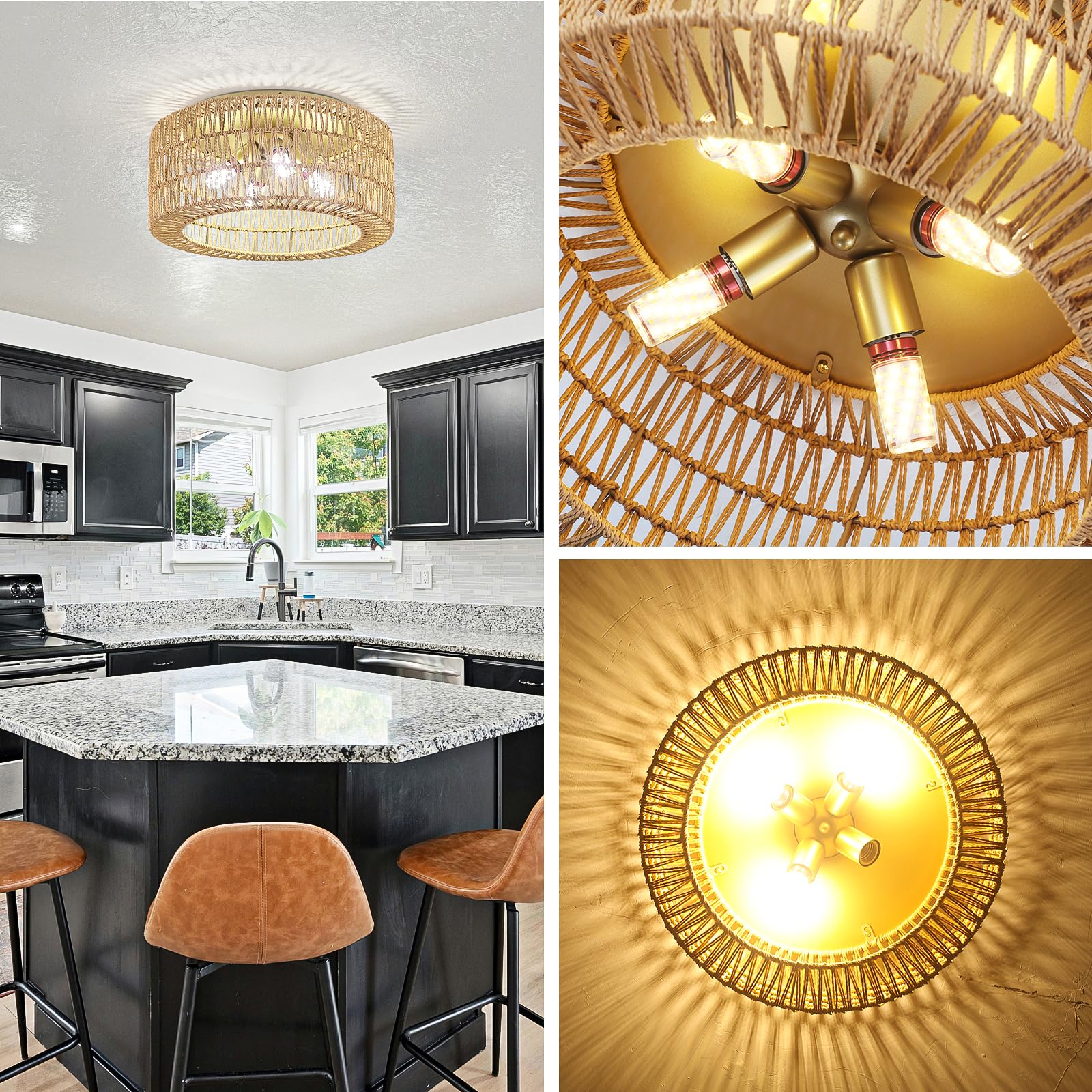 Abeajat Rattan Light Fixtures Ceiling Mount,4-Lights Boho Flush Mount Ceiling Light With Hand-Woven Shade, 18''Rattan Farmhouse