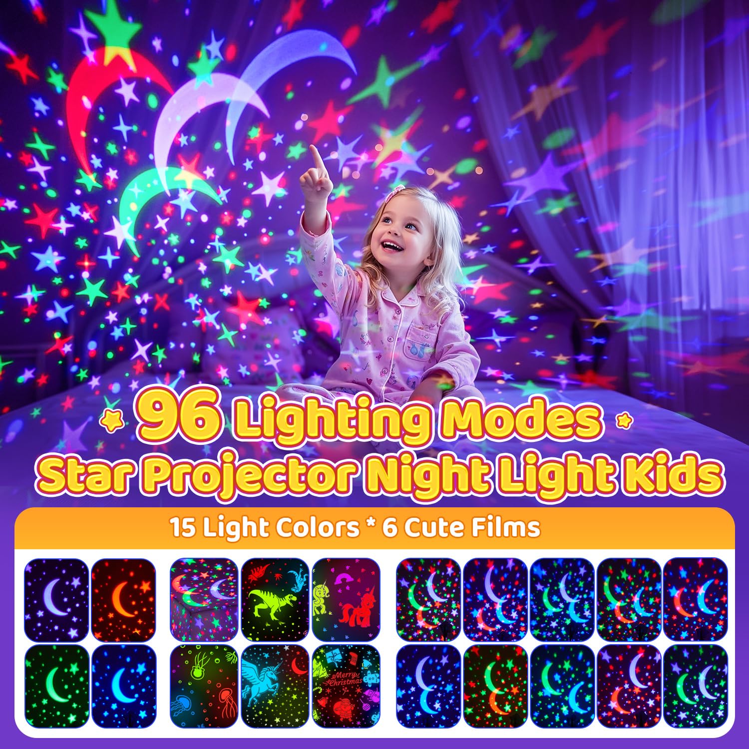 PIKOY Kids Night Light Projector - 90 Modes, 6 Films, Dimmer, Timer, Rechargeable, Pink Butterfly/Princess/Mermaid Room Decor