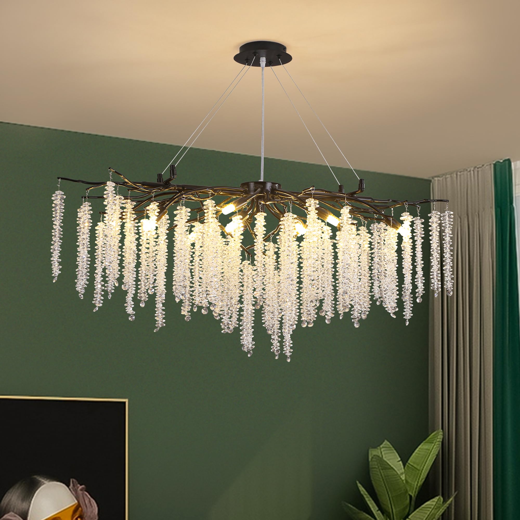 Puvaue Tree Branch Chandelier L39.5 Inch Black Luxury Rectangular Crystal Raindrop Pendant Light 12 Lights Kitchen Island Hangin
