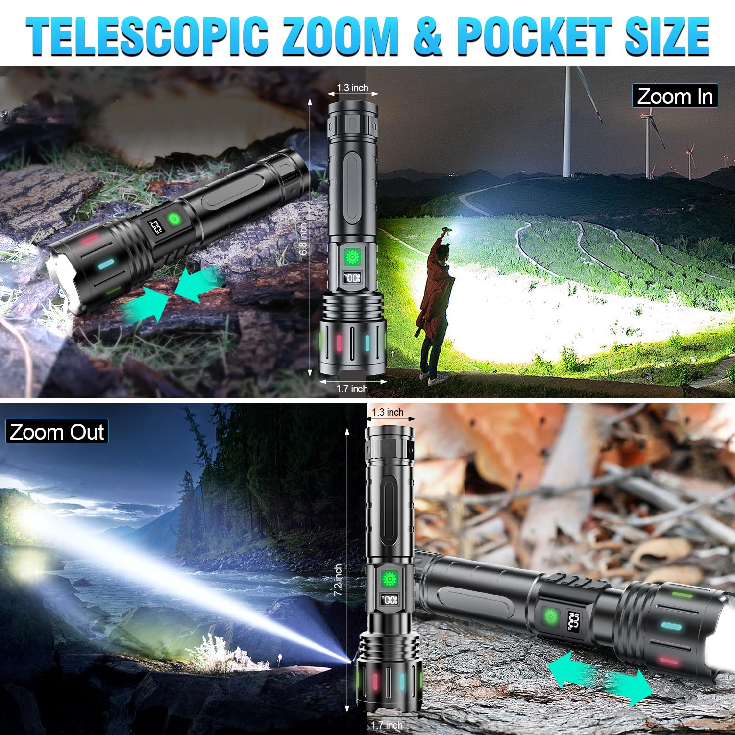 Hoxida K2302 Rechargeable Flashlight - 1500m Beam, IPX5 Waterproof, Multi-color, Aluminum, 20H Runtime, Zoomable Handheld