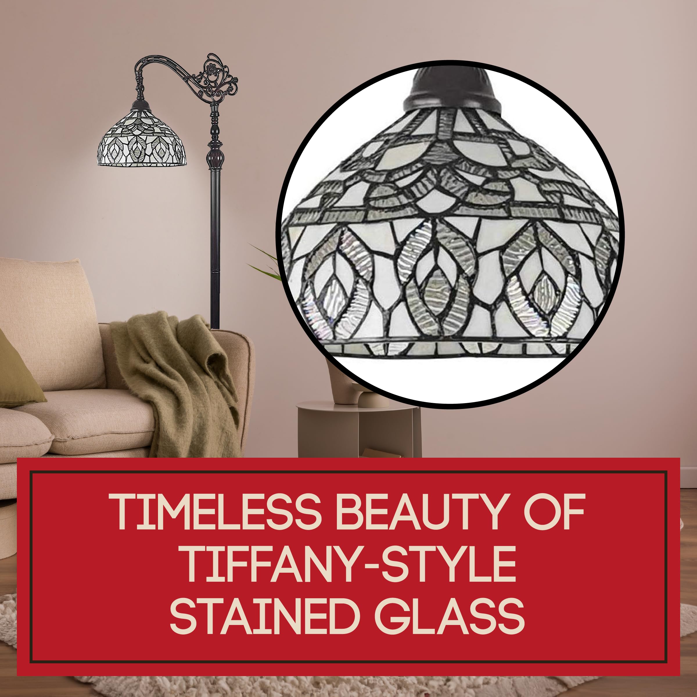 Amora Tiffany Floor Lamp - Arched Stained Glass 62” - Adjustable Shade, Foot Switch - White Mahogany, 12" Diameter, Model AM277FL12B