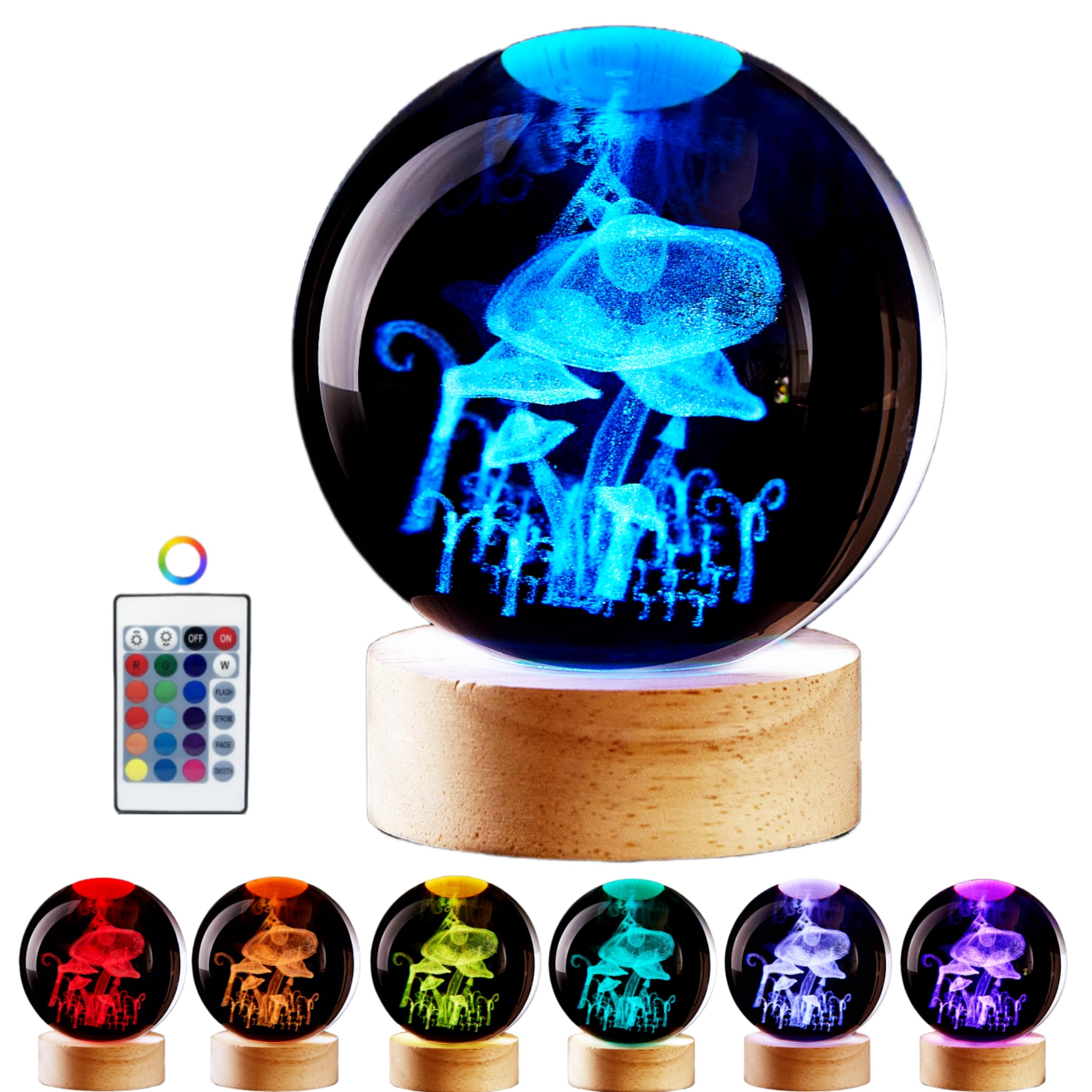 LMLOBEP Large Mushroom Crystal Ball Night Light with Woodern Base  3D Crystal Lamp 16 Color Changing with Remote Control  Laser Engraved Glass Ball Lamp  Room Decor (Mushroom)