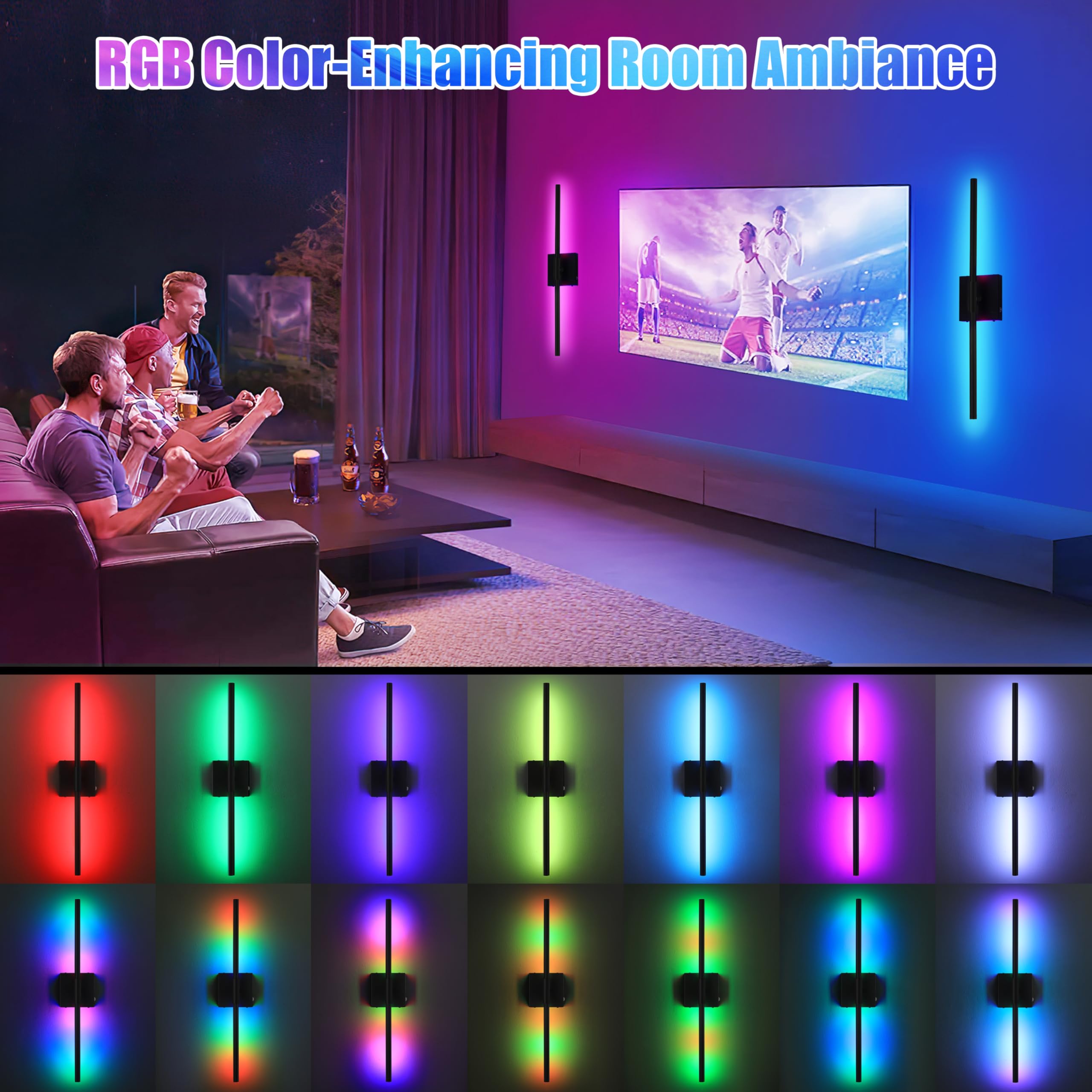 Morauroral RGB Lighting Wall Sconces, Dimmable Rechargeable, 24" Black LED, Set of 2, Modern Wireless Lights for Bedroom & Living Room