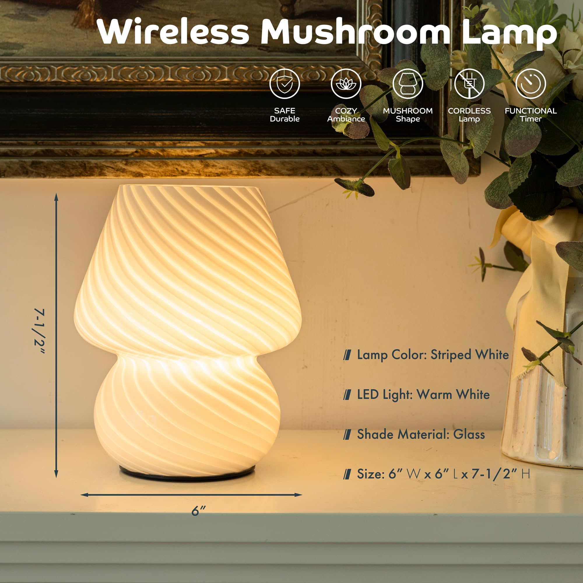 Ularoom Battery Operated Mushroom Lamp - Vintage Small Table Lamp With Timer, Cordless Bedside Nightstand Lamp, Glass Battery Po