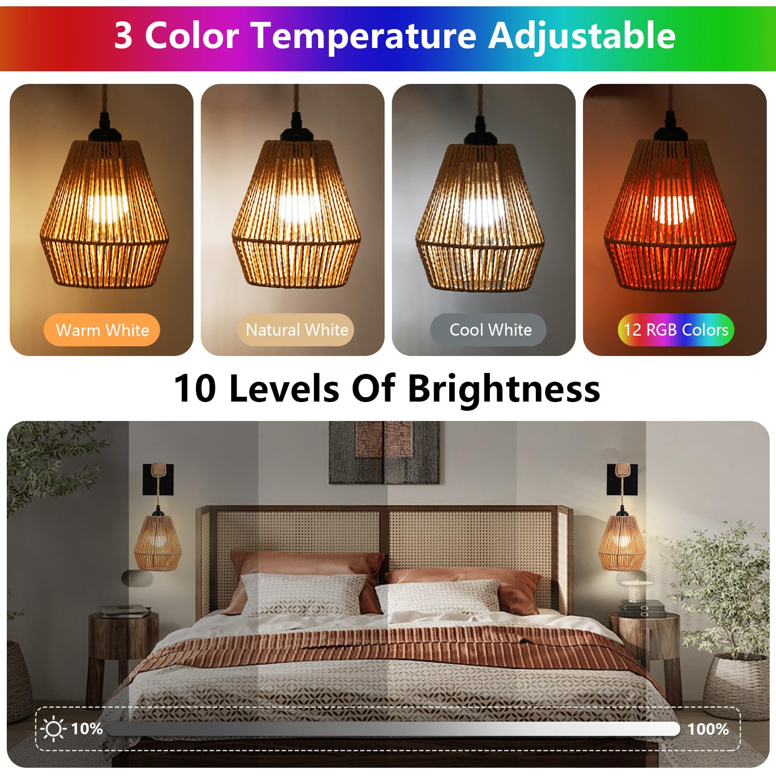 Battery Operated Wall Sconces Set of 2,Rattan wall sconce with Remote Control,Rechargeable Boho Wall Light Dimmable,Farmhouse Wi