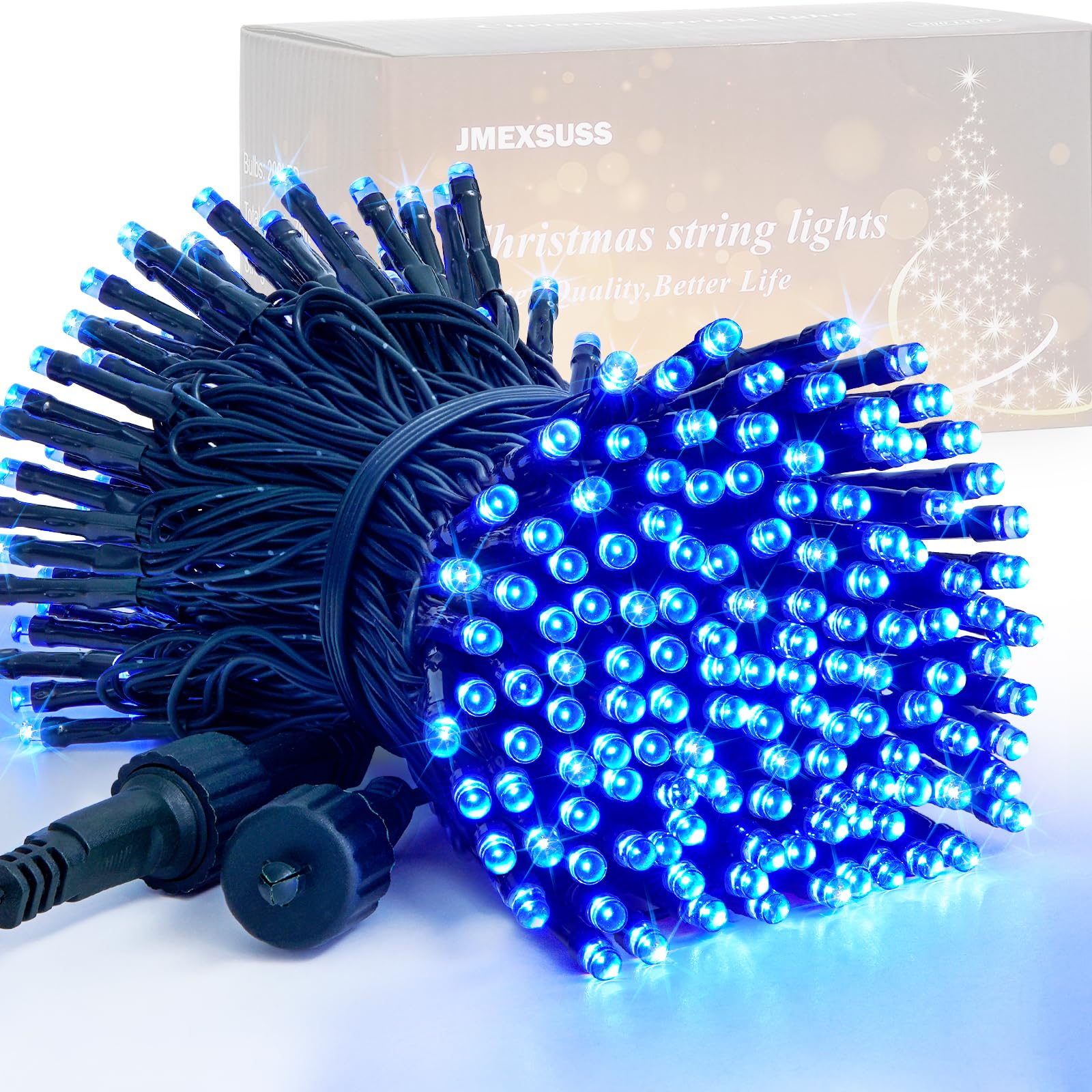 JMEXSUSS 200 LED Christmas String Lights, 66ft Expandable, Blue, Waterproof, Green Wire, Model EXS-S-0200