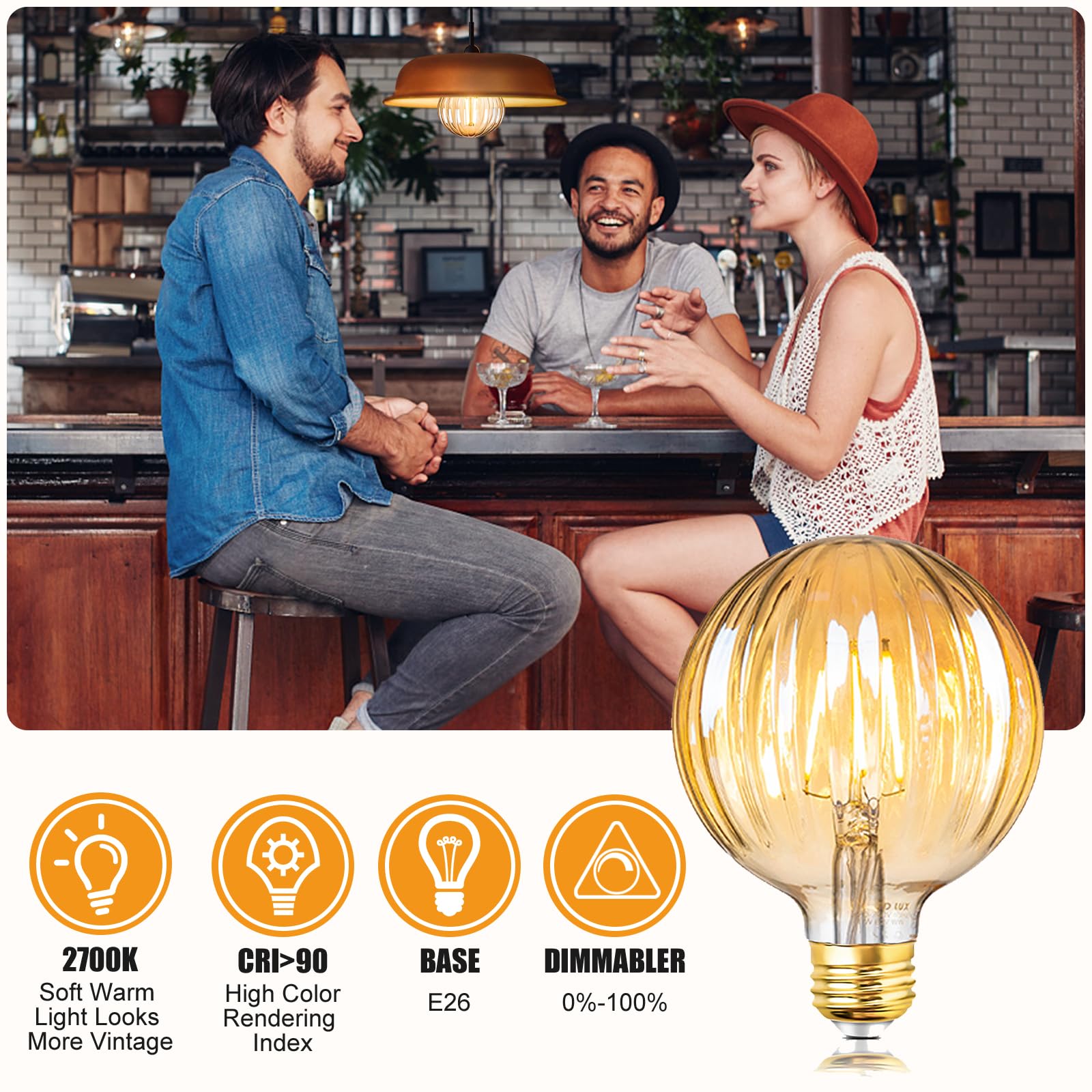 SD LUX Vintage LED Edison Bulb 6W 600LM Dimmable G30 Globe E26 Warm White 2700K 2 Pack Soft White Model 95NG