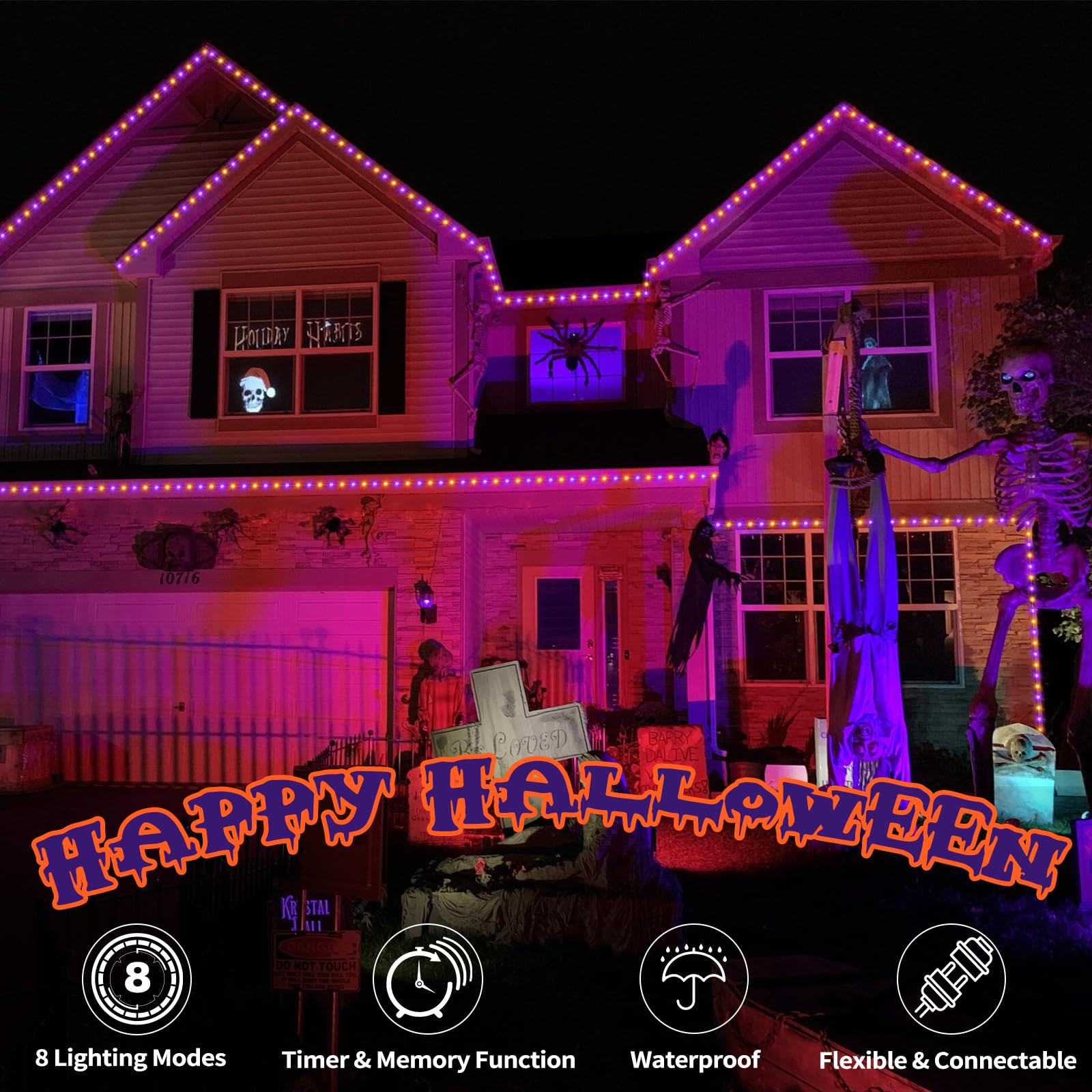 Jnaurb 50ft LED Rope Lights, Waterproof, 8 Modes, Flexible Tube Lighting, Orange & Purple