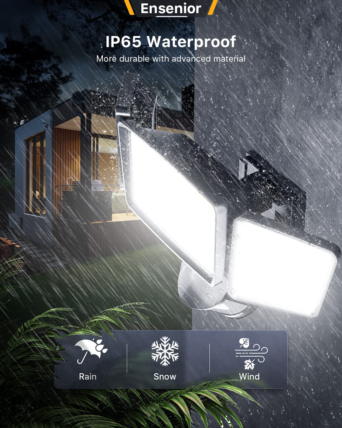 Ensenior Solar Security Light - 5 Motion Sensor Modes, 1800LM, 270° Wide Angle, 3 Heads, IP65 Waterproof, Black, Model AQ1-SOL-BL