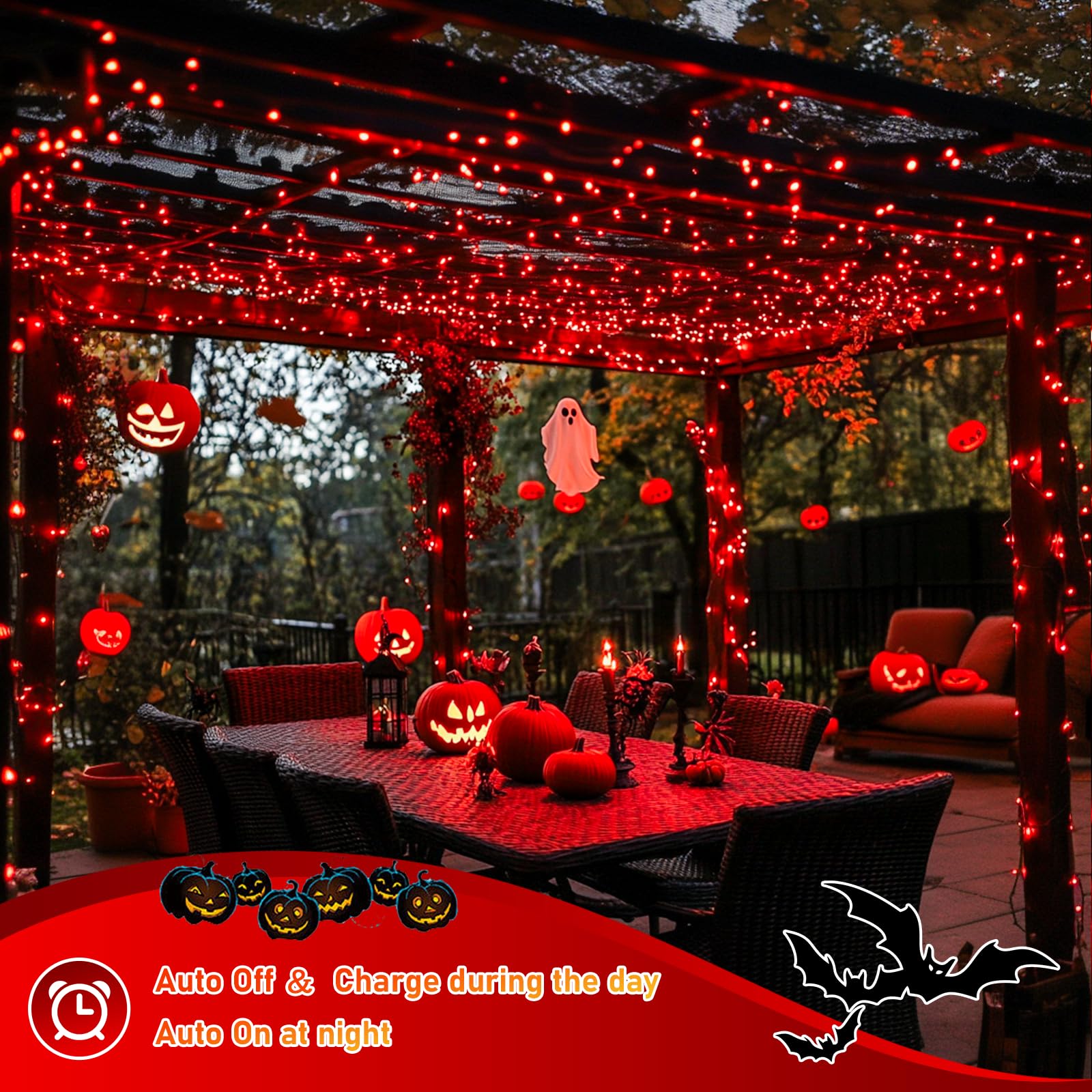 JMEXSUSS Solar String Lights, 200 LED Red Copper Wire, 66ft, Waterproof, 8 Modes, 2 Pack for Outdoor Wedding Party Garden Decorations