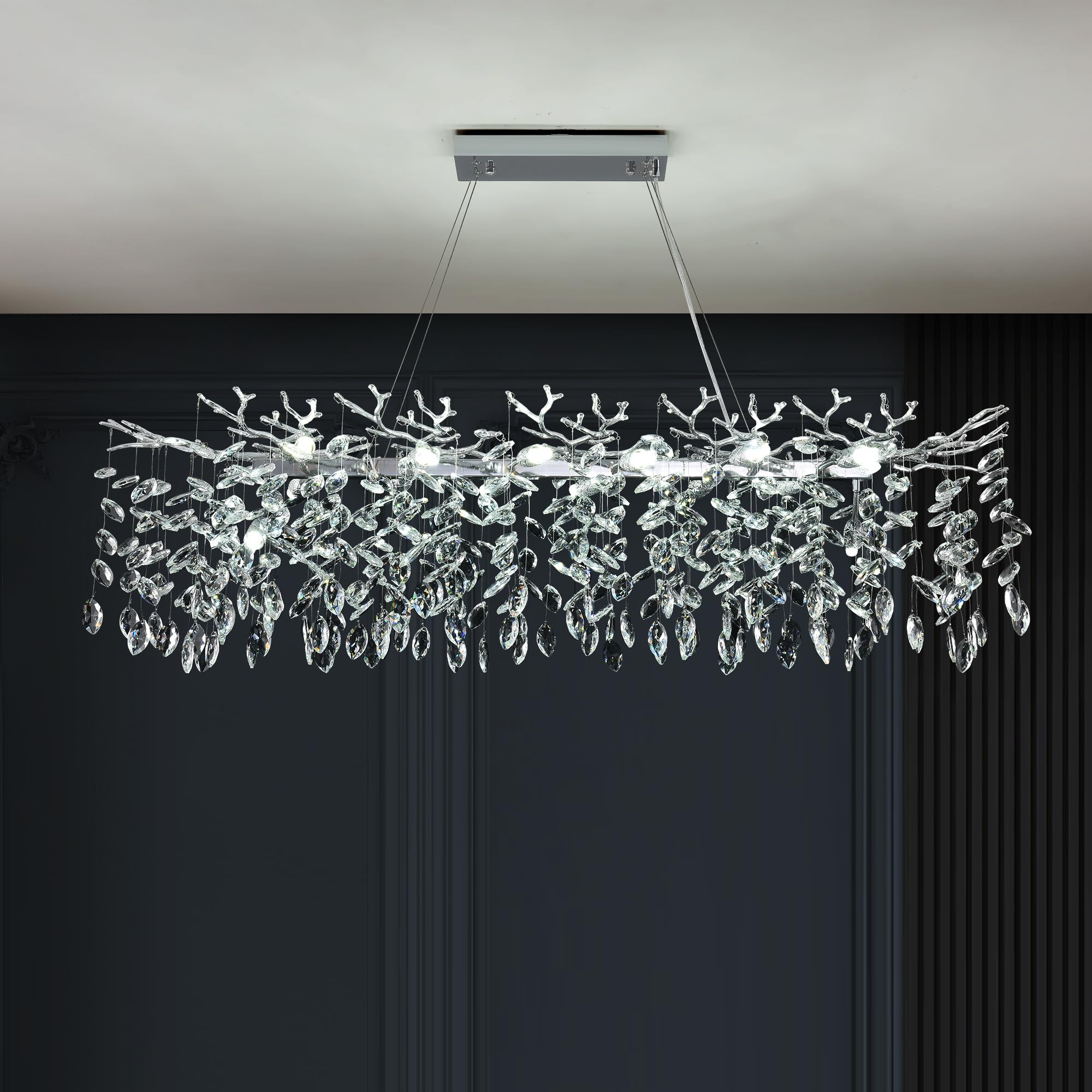 Upfelw Tree Branch Chandelier Modern Crystal Pendant Light  Elegant Chrome Linear Rectangle Art Deco Raindrop Lighting Fixture for Dining Room Kitchen Island Living Room 10 Lights L40