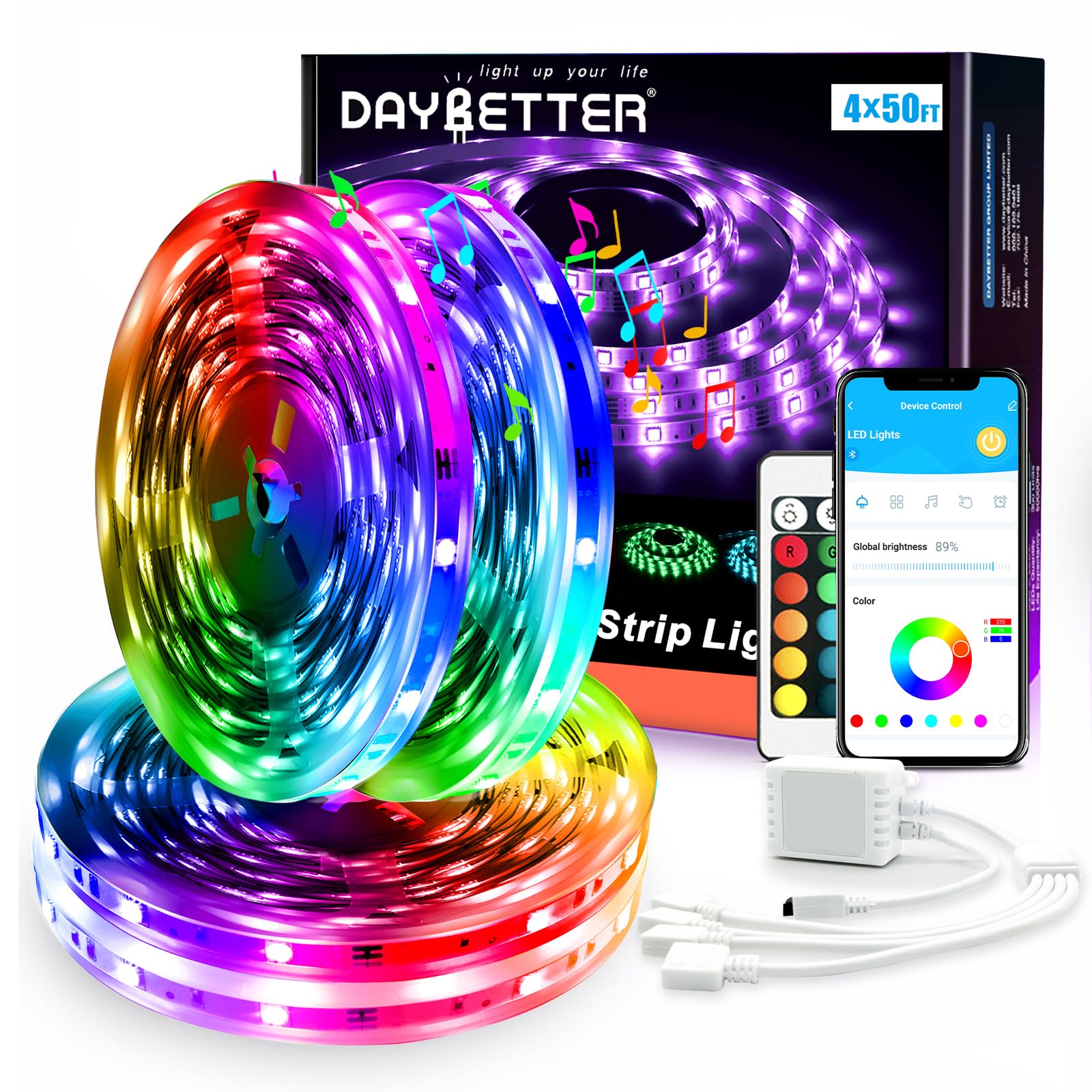 DAYBETTER Led Strip Lights, 200ft (4 Rolls of 50ft), Smart RGB Light Strips with App Control, Multicolor, Model FLSLWU5450RGBUS