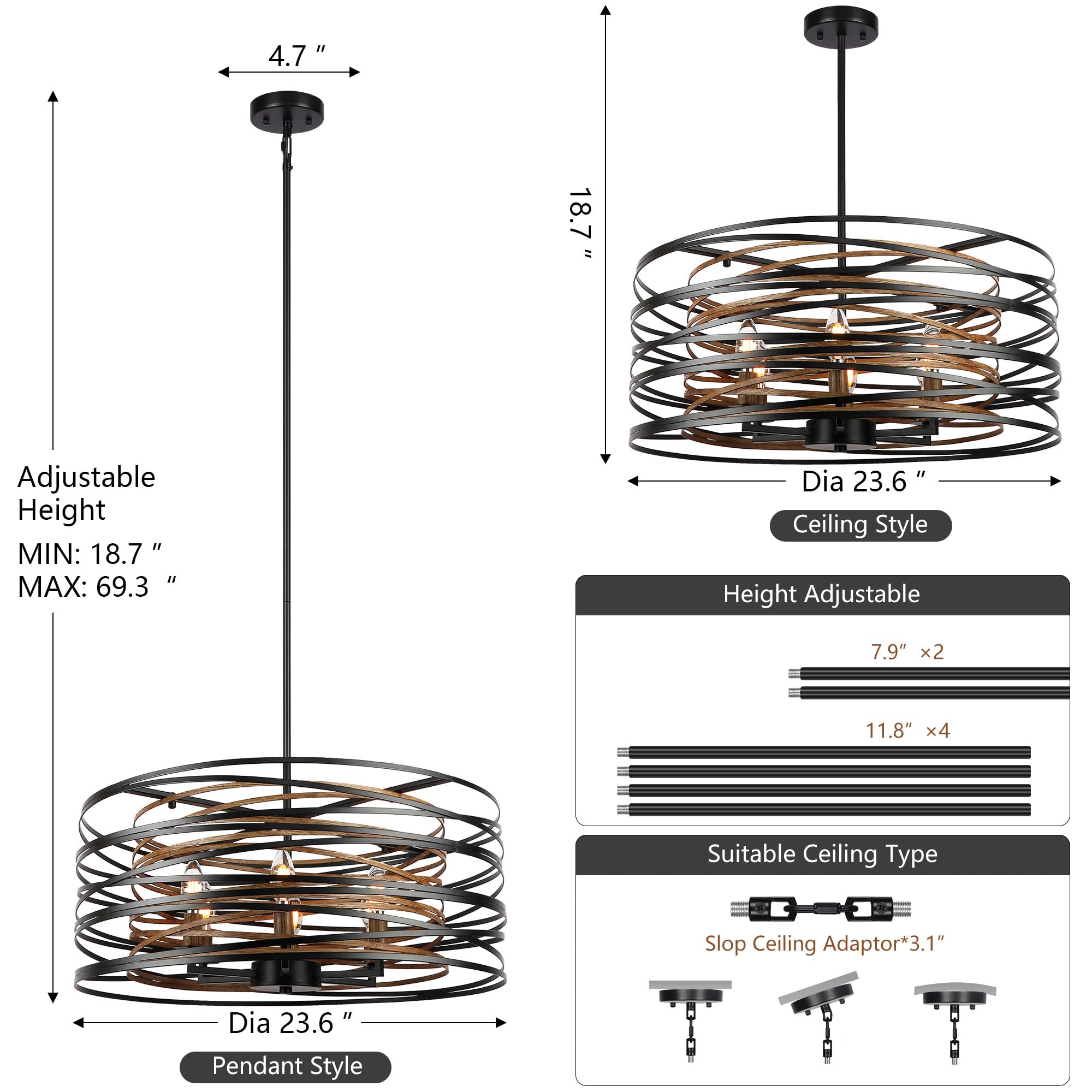 Sigaitwei 6-Light Black Farmhouse Chandelier - 23.6" Metal Light Fixture for Dining Room, Kitchen, Entryway