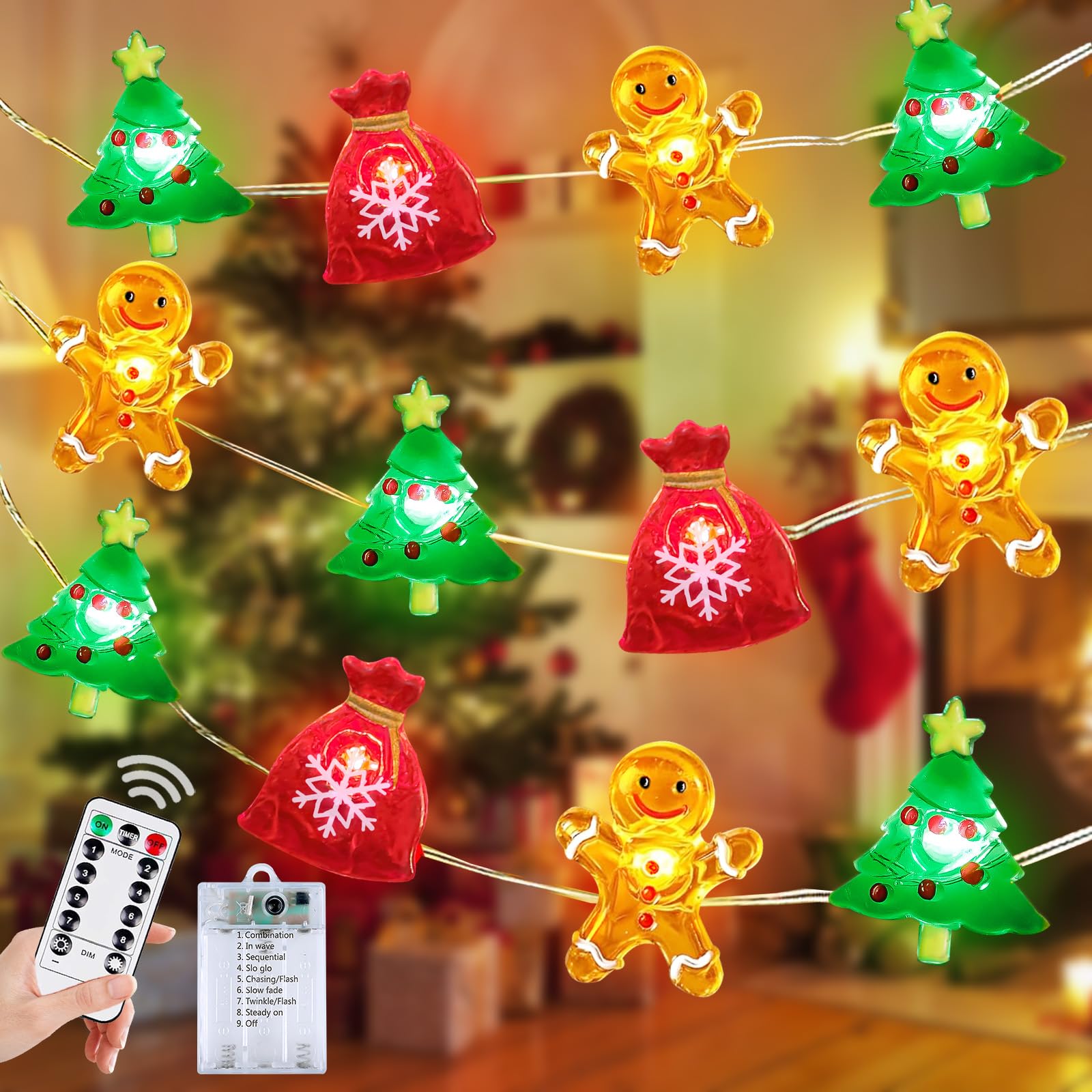 Christmas Fairy Lights Battery Operated with Remote, 10FT 30 LED Gingerbread Man Christmas Tree Lucky Bag String Lights with 8 M
