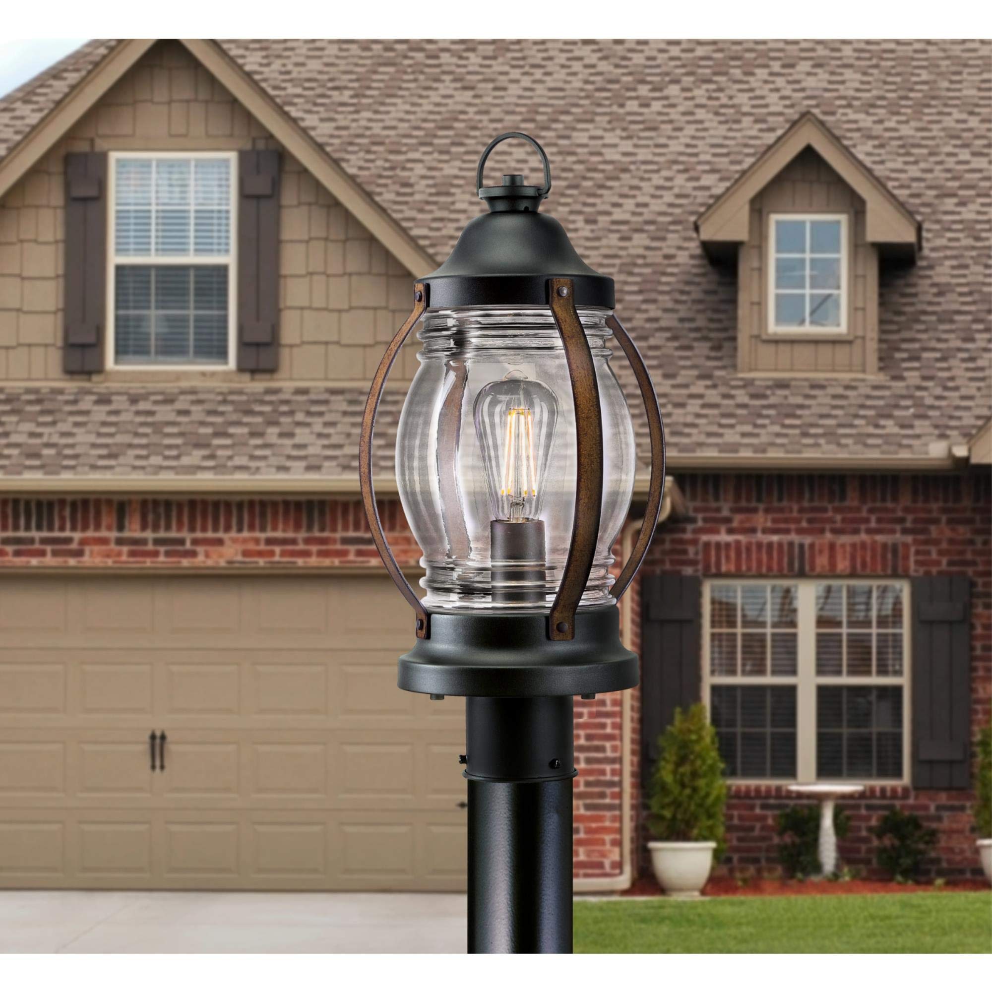 Westinghouse Outdoor Post Top Light Fixture, One-Light, Textured Black and Barnwood Finish, Clear Glass, Model 6578800