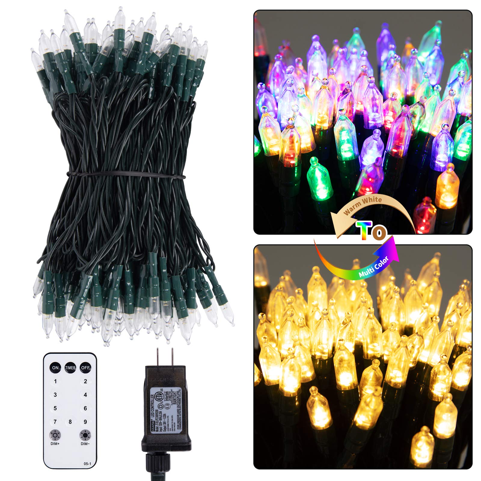 200 LED Christmas String Lights Outdoor 75 Ft. 9 Modes with Remote Timer Dimmer Extendable Mini Fairy Lights Plug in for Indoor Xmas Trees Wedding Decor, Warm White + Multicolored