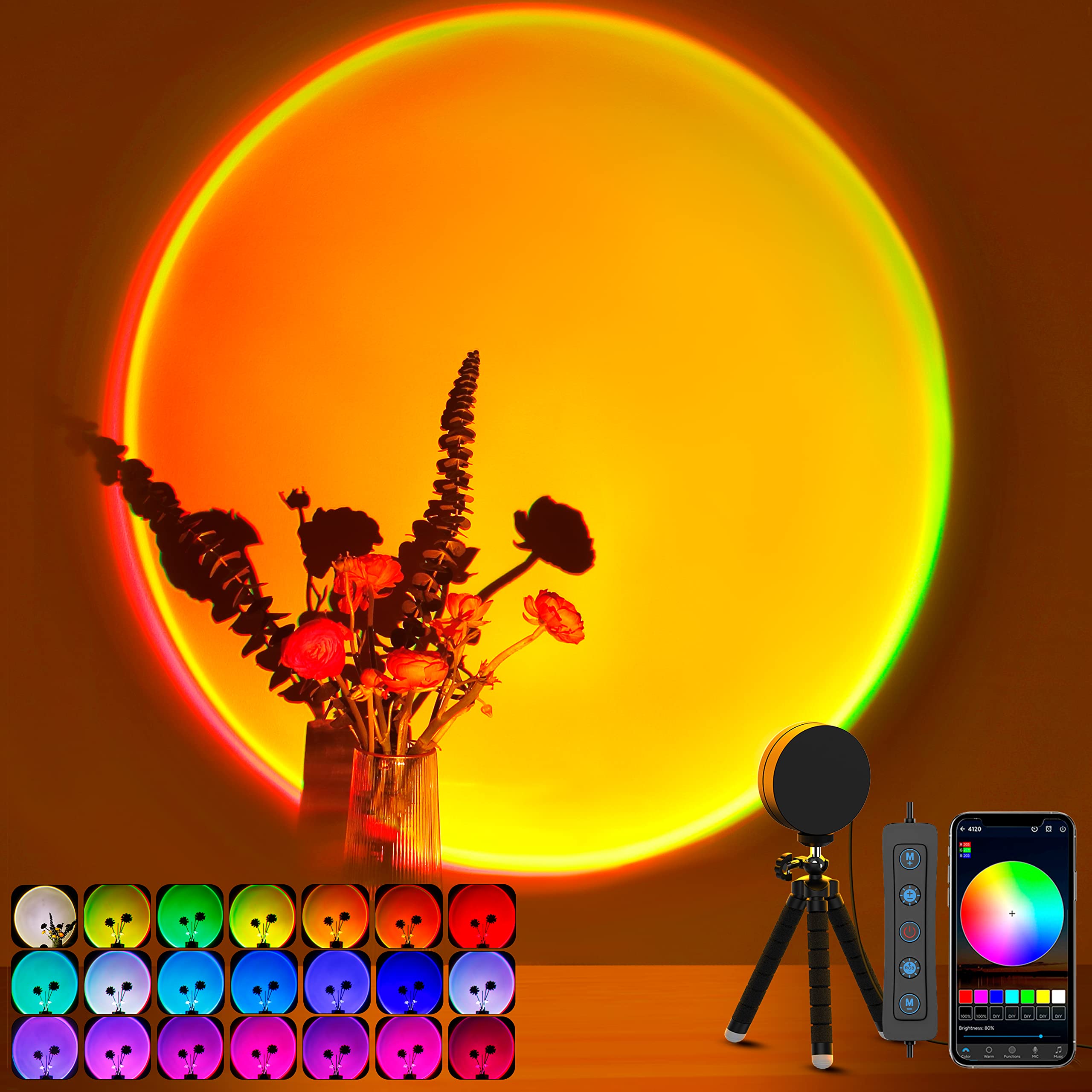Xebkor Multicolor Sunset Lamp Projector - Led 360° Rotation, App Control For Bedroom & Decor