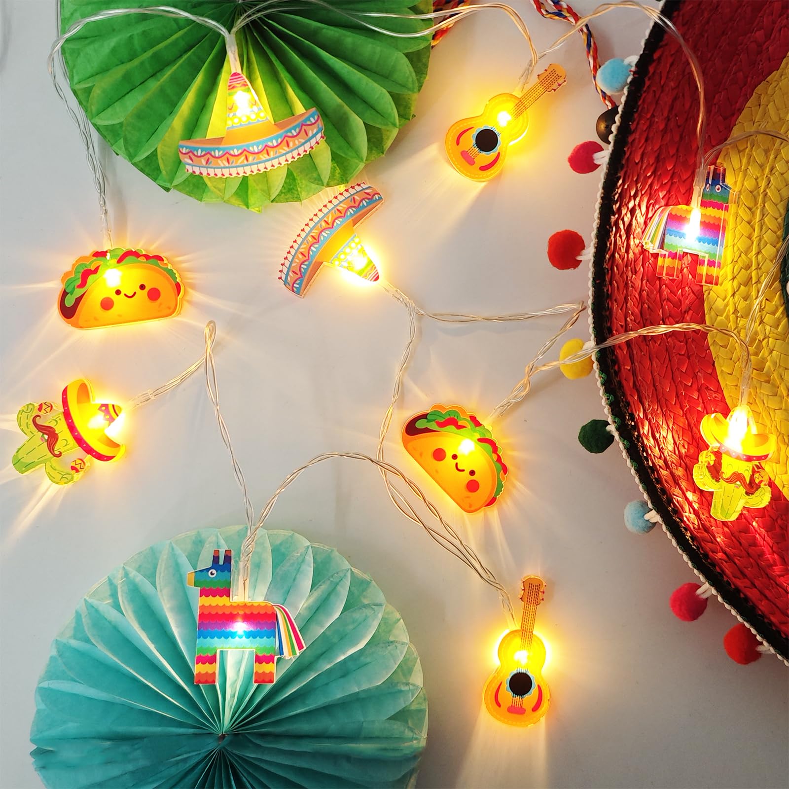 Cinco De Mayo Decorations Mexican Fiesta Theme Party String Lights, Fairy 10Led Battery Operated with Timer, Piata Guitar Taco S