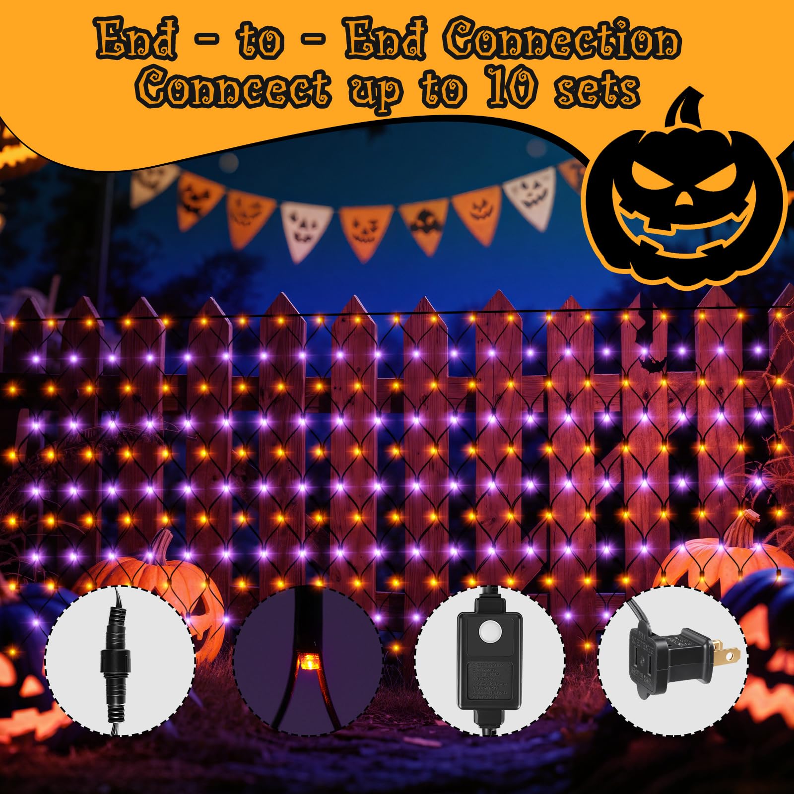 HYH Halloween Net Lights,360 LED 12FT x 5FT Halloween Decor Fairy Orange&Purple with 8 Modes String Connectable Waterproof Outdo