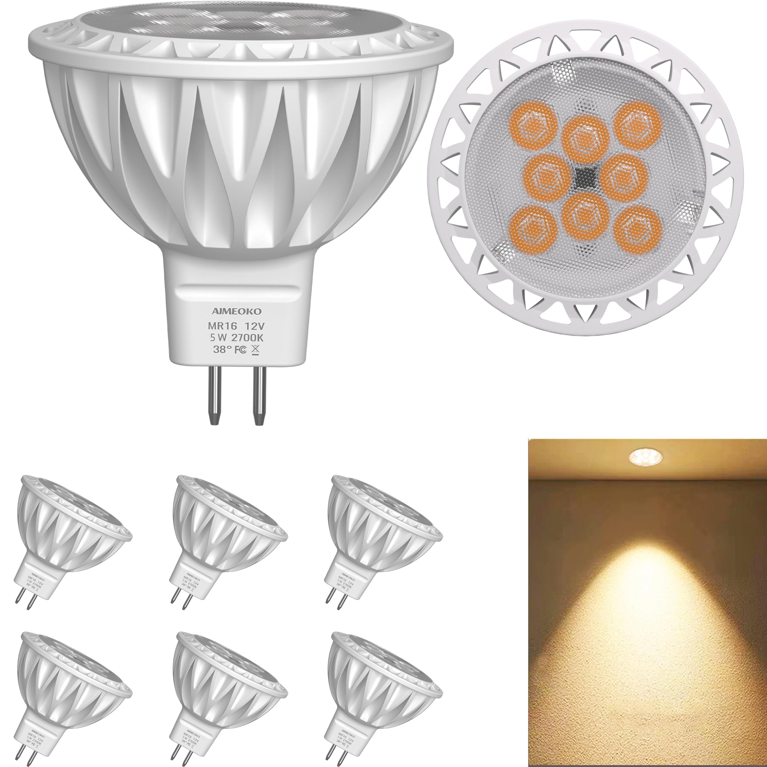 Aimeoko Mr16 Led Bulb Light Bulbs 6 Pack, 5W (50W Halogen Equivalent) 2700K Warm White Gu5.3 Base 12V Spotlight Non-Dimmable 38 
