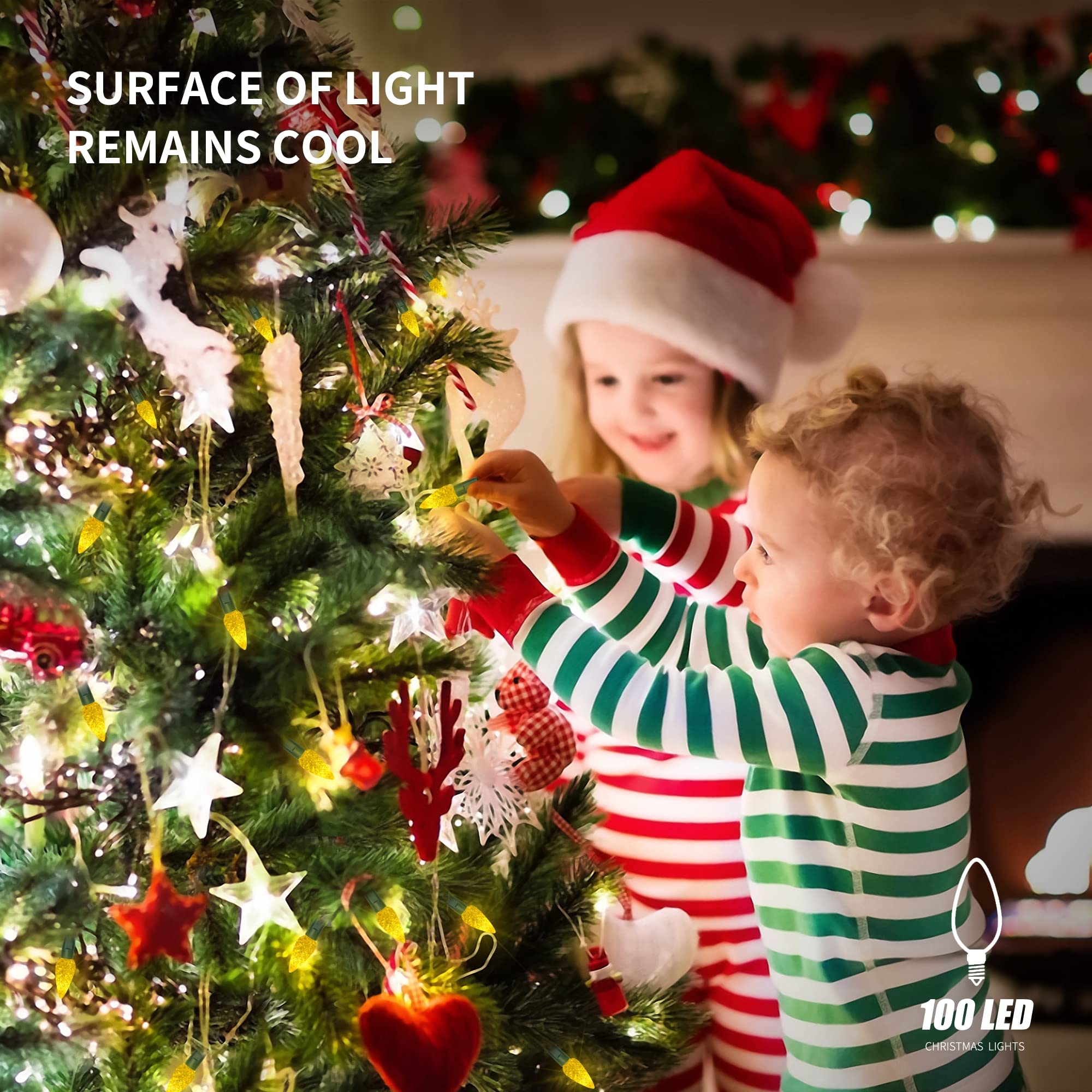 WATERGLIDE 33ft 100 LED Christmas Lights, Green Wire, 8 Lighting Modes, Waterproof, Yellow Fairy Lights for Indoor Outdoor Decor