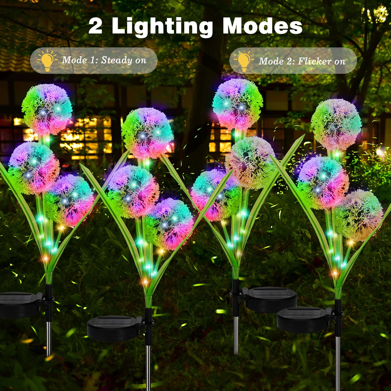 Lewondr 4 Pack Solar Garden Lights, Solar Flowers Lights With 4 Blooming Dandelion Flowers, Waterproof Solar Lights Outdoor For
