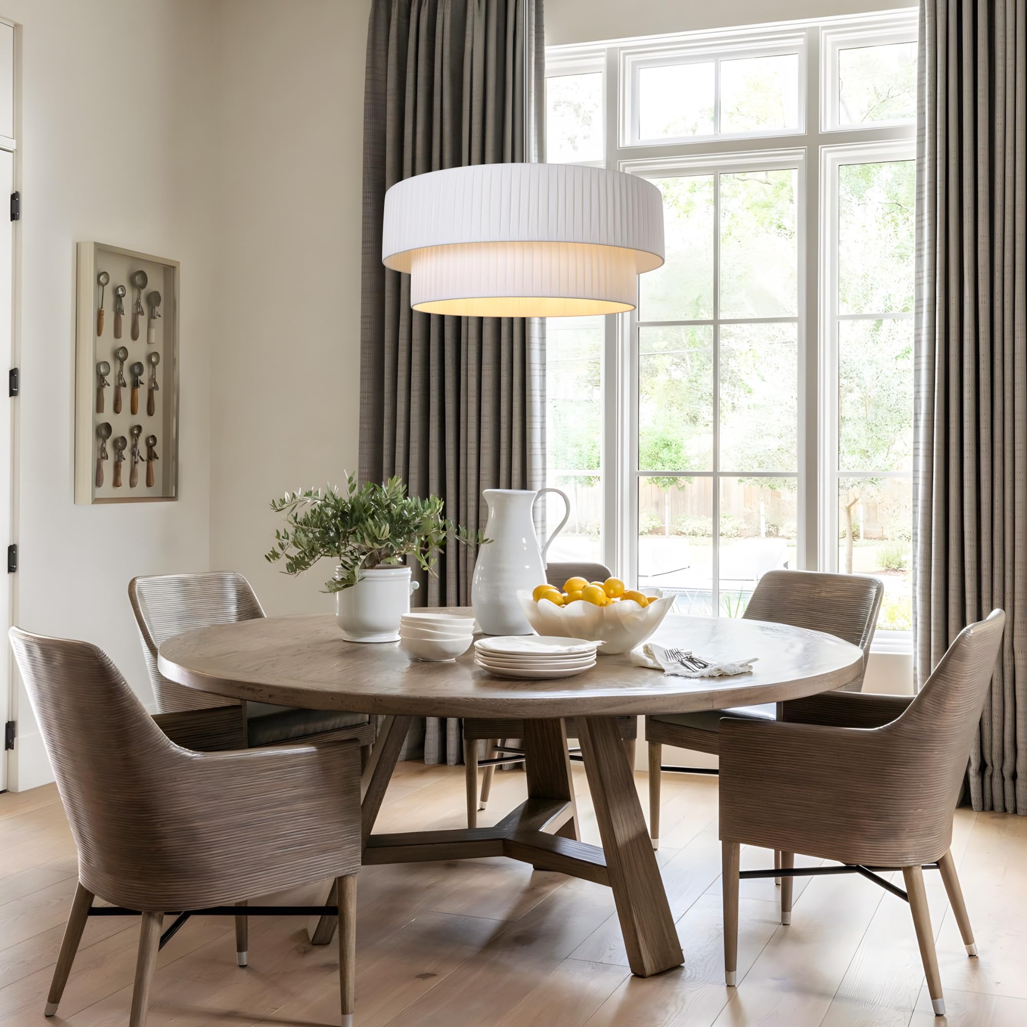 LamQee 24" Modern Drum Chandelier, 5-Light Fabric Pendant, Chrome Finish, Semi Flush Mount, White Shade, Model 0268