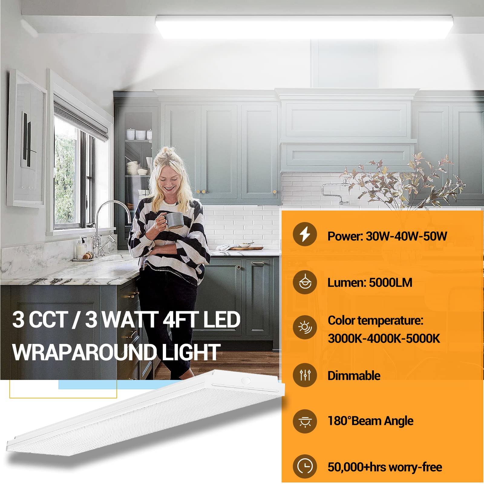 FAITHSAIL Dimmable LED Wraparound Light Fixture, 4FT, 30W/40W/50W, Metal, 3 CCT, Flush Mount, 1 Pack