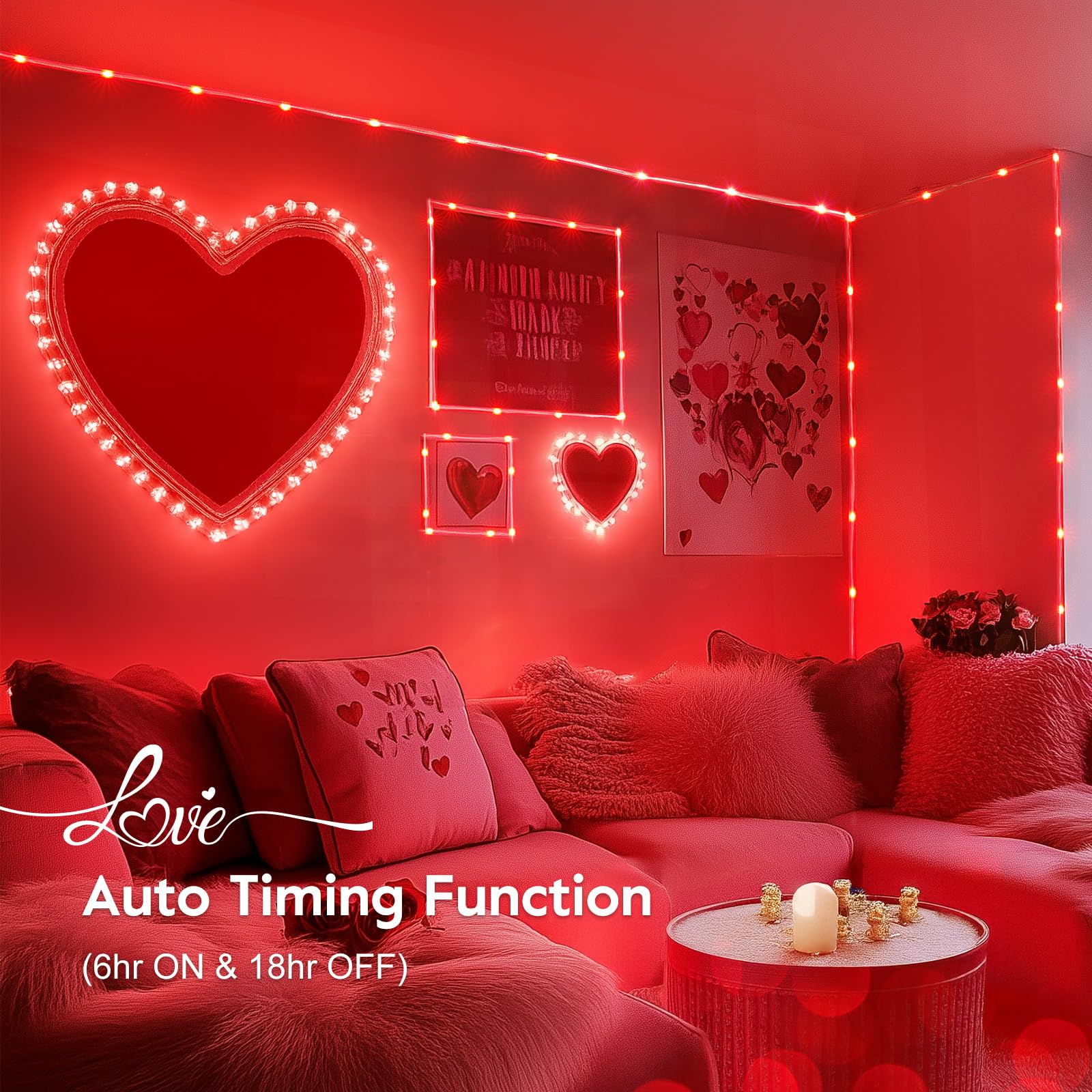 Minetom 2 Pack String Lights Battery Operated, Total 66Ft 200 Led Valentine Lights Battery Operated With Timer, 8 Mode, Waterproof Rope Lights For Outside Bedroom Indoor Valentine'S Day Decoration,Red