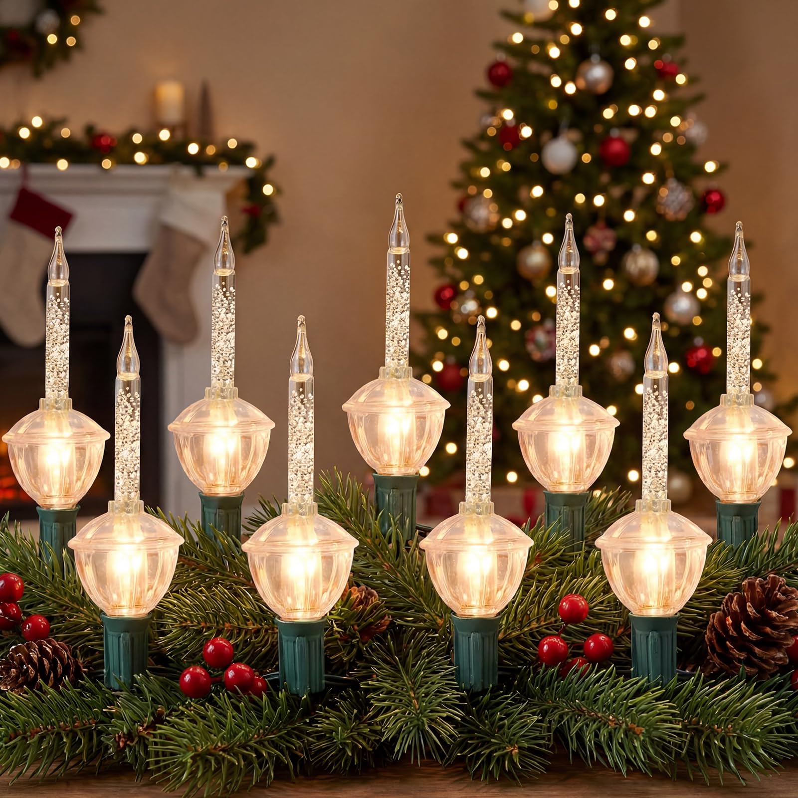 Oviejo Silver Bubble Lights for Christmas Tree,8.8Ft Vintage Bubble Lights with 10 Clear Silver Glitter Bulbs(1 Spare), C7 Chris