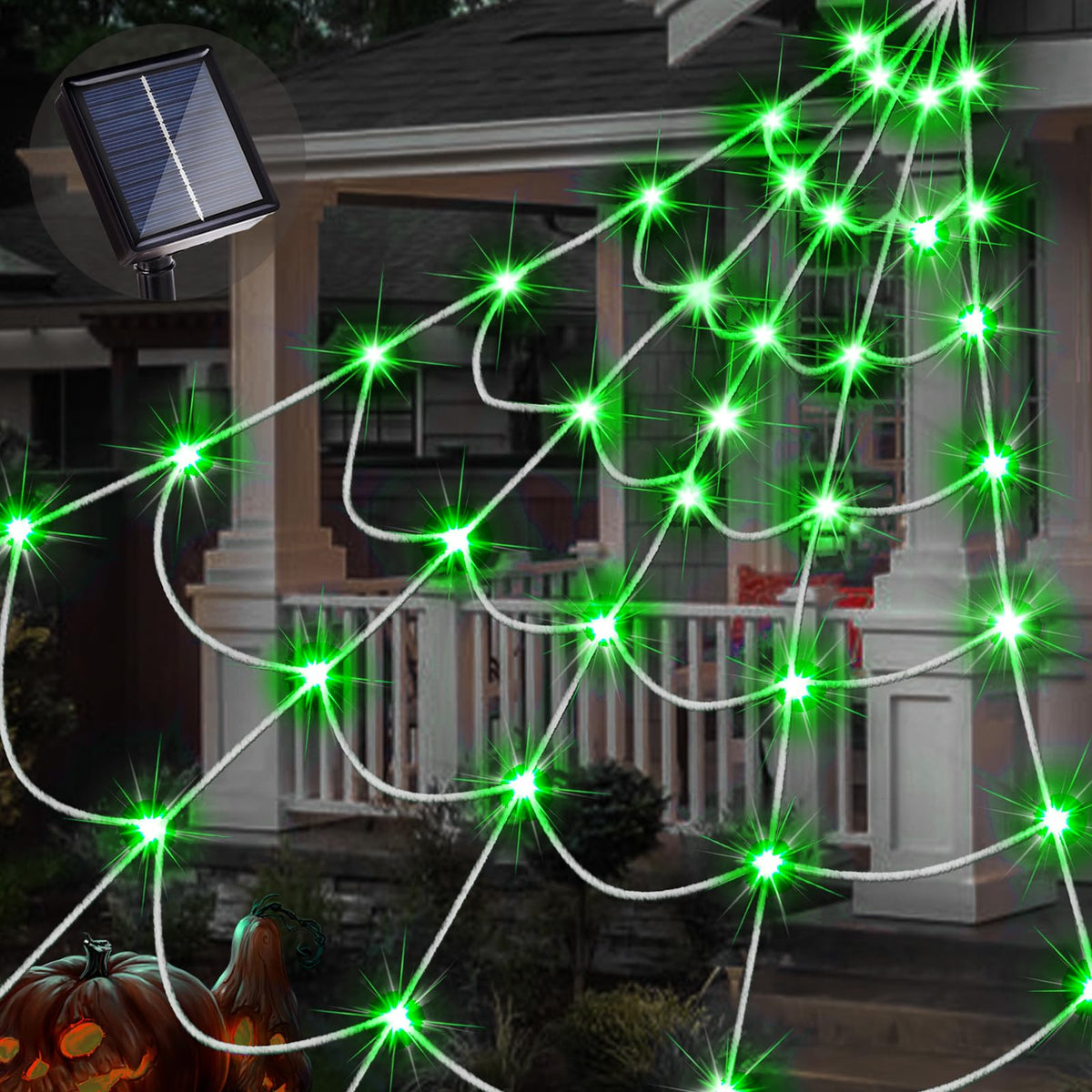 Outdoor Solar Powered Halloween Decorations Spider Web Lights, 14.8 x 16.4 FT Triangular White Spider Web with 135 LED Purple Lights, Large Size Solar Halloween Decor…