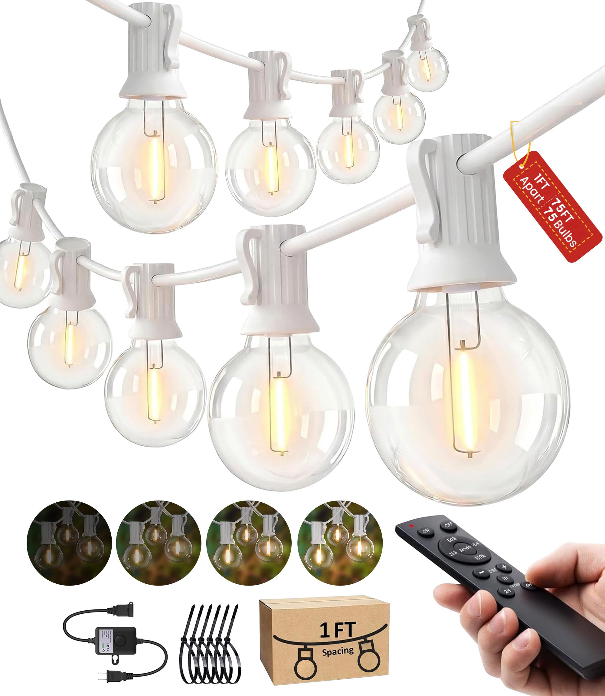 Outdoor-String-Lights-Patio-LED-Light-Outside 75FT Waterproof Light with Remote Dimmable 75 G40 Shatterproof Bulb Connectable Ha