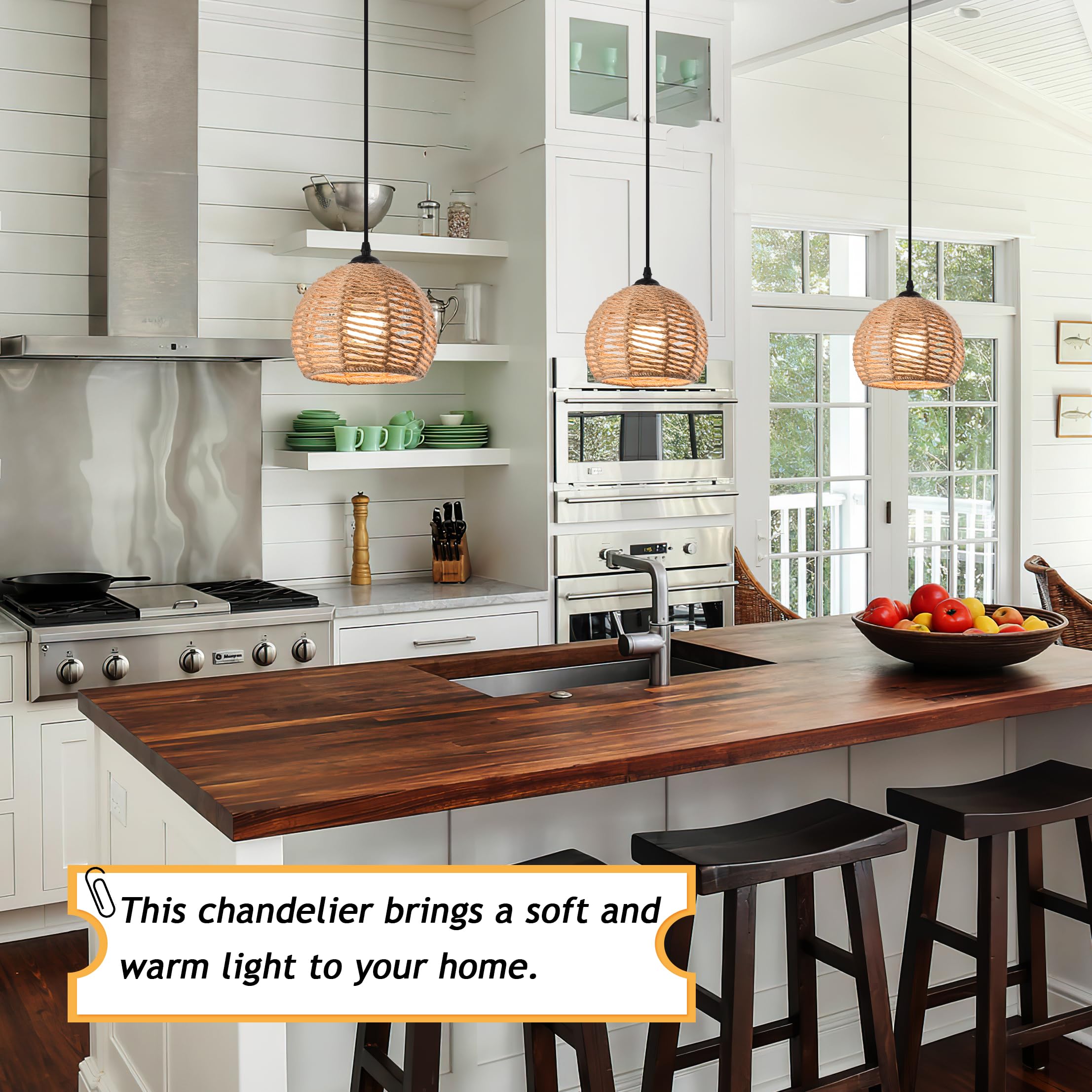 Ayshwilldec 3-Pack Woven Pendant Light, Boho Chandelier, Hemp Rope, Rustic For Dining Room & Kitchen