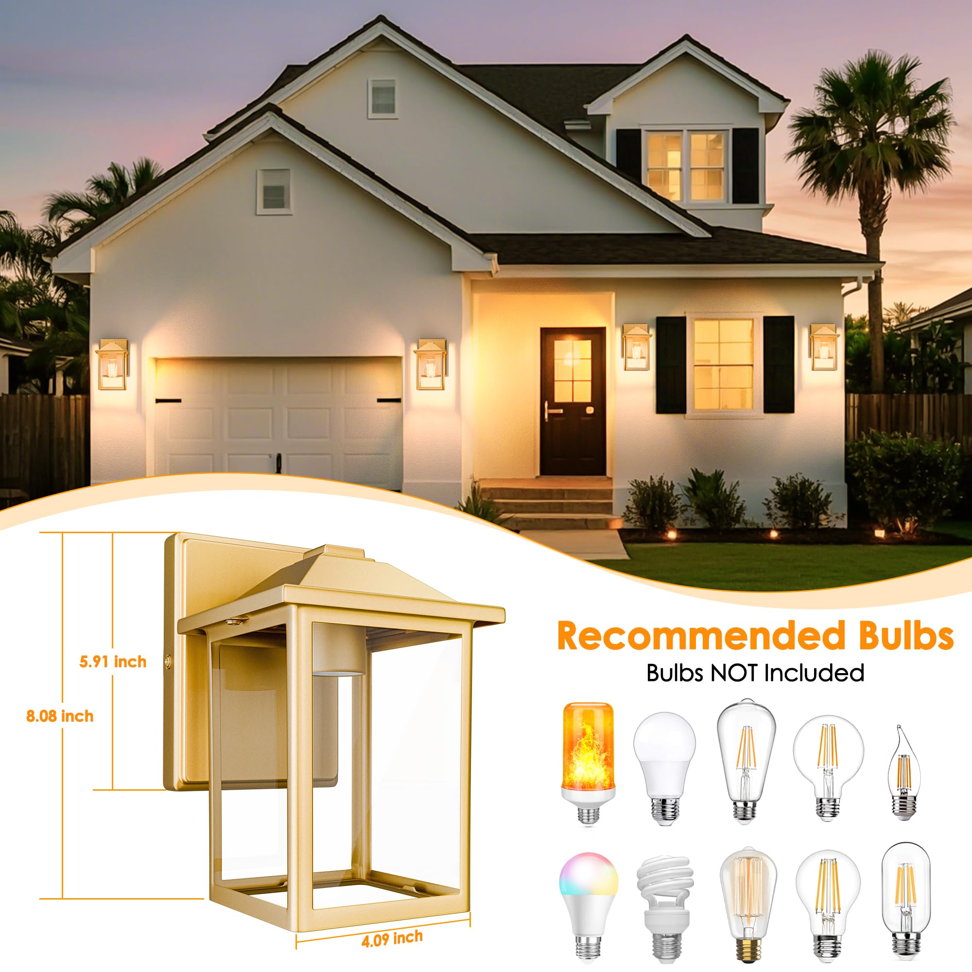 Matameye Outdoor Wall Lantern  Exterior Waterproof Wall Sconce Light Fixture  Gold Front Door Mounted Lighting With Glass  Anti-Rust Porch Lamp