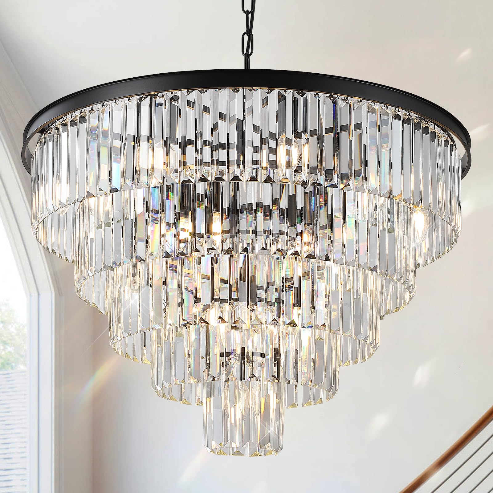 CATINER Large Black Crystal Chandeliers 30    Modern Chandelier for High Ceiling Foyer 5 Tiers 16 Lights Contemporary K9 Ceiling