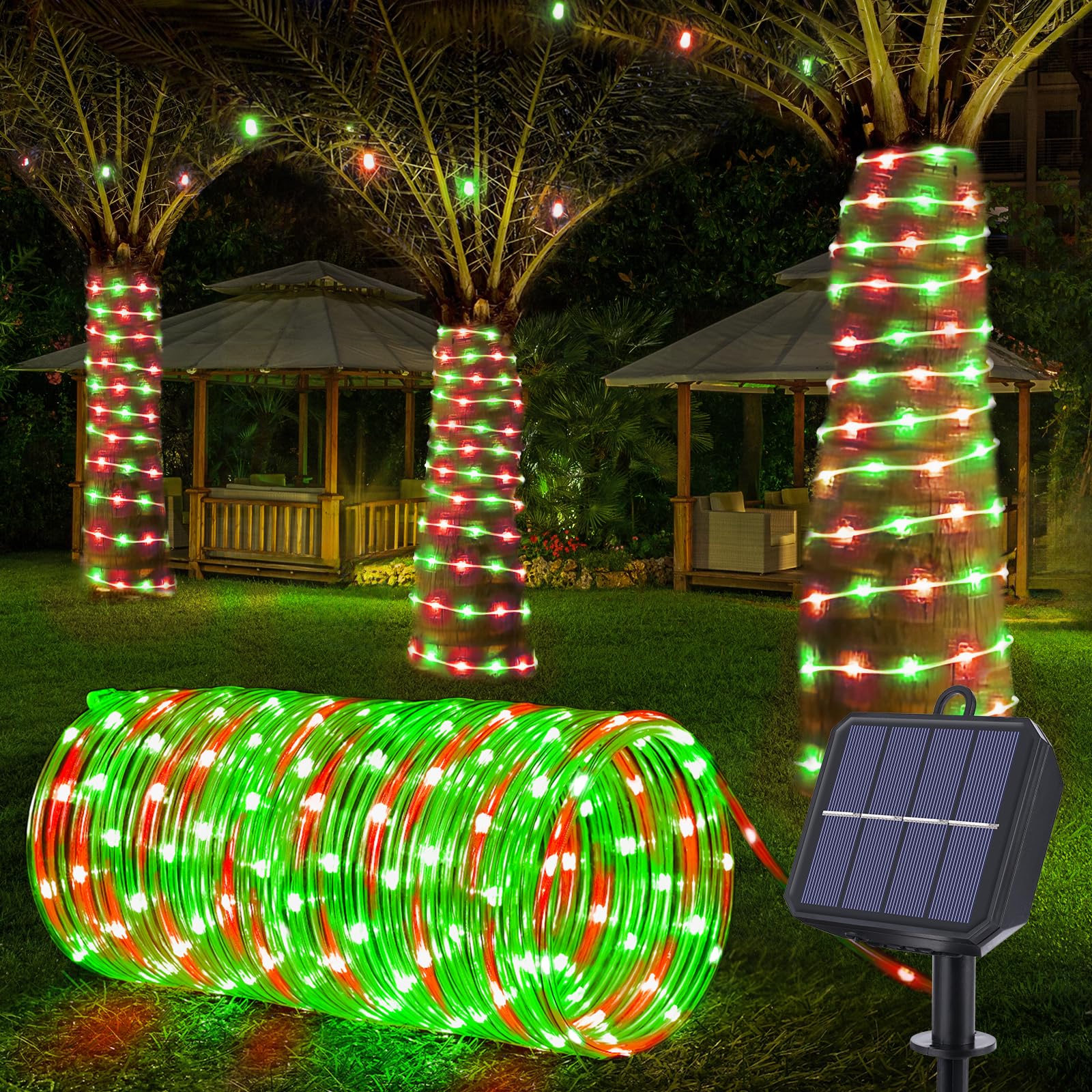 Solar Rope Lights, 66ft 200LED Solar String Lights, 8 Modes Waterproof Solar Powered Outdoor Light, Flexible Clear Tube Light fo