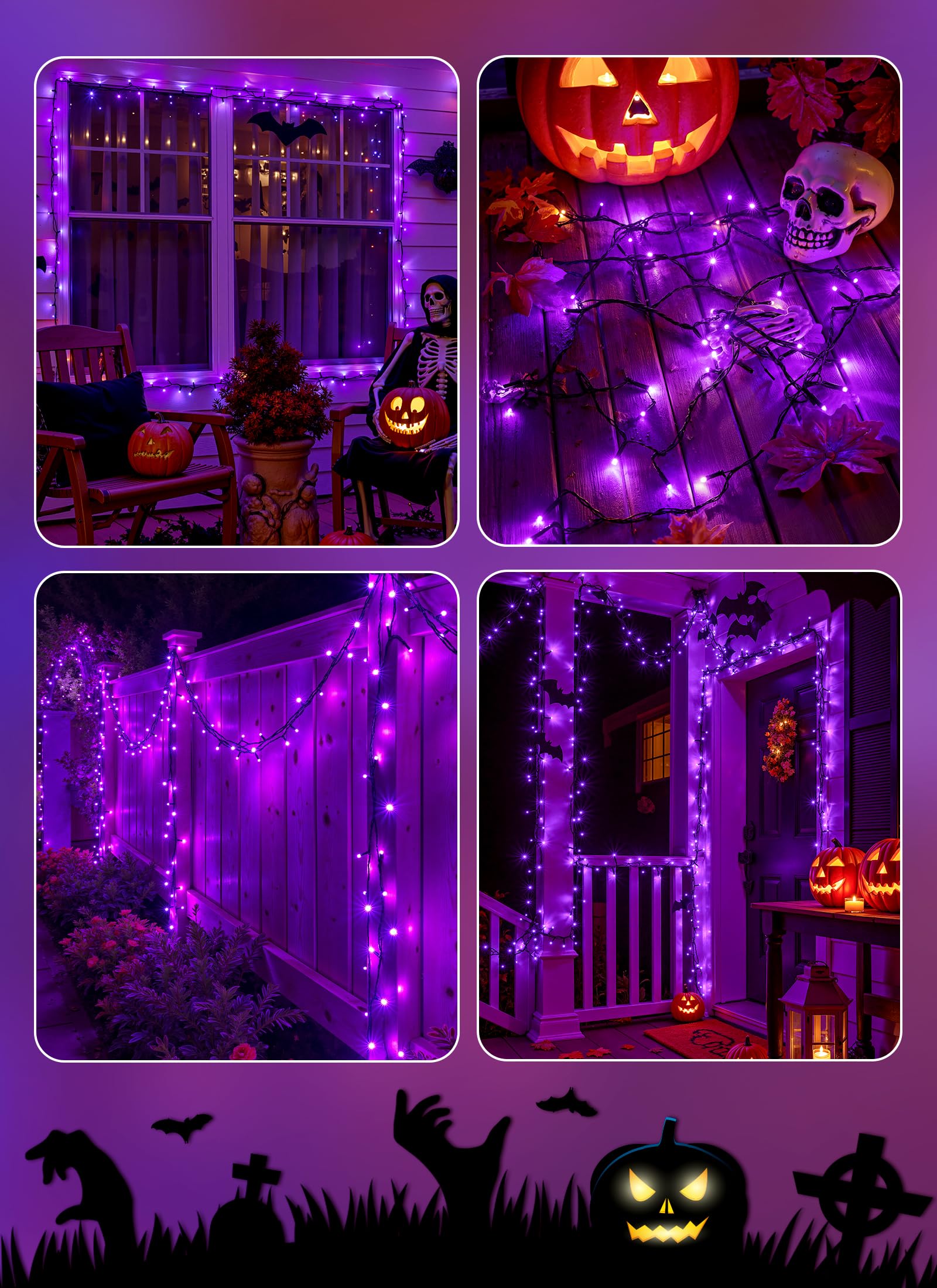 Brightown Halloween String Lights 200Led Solar String Lights Outdoor  Solar Powered Lights Ip65 Waterproof For Party Garden Yard Home Holiday Tree Decoration Lighting (Purple  100Led-2Pack)