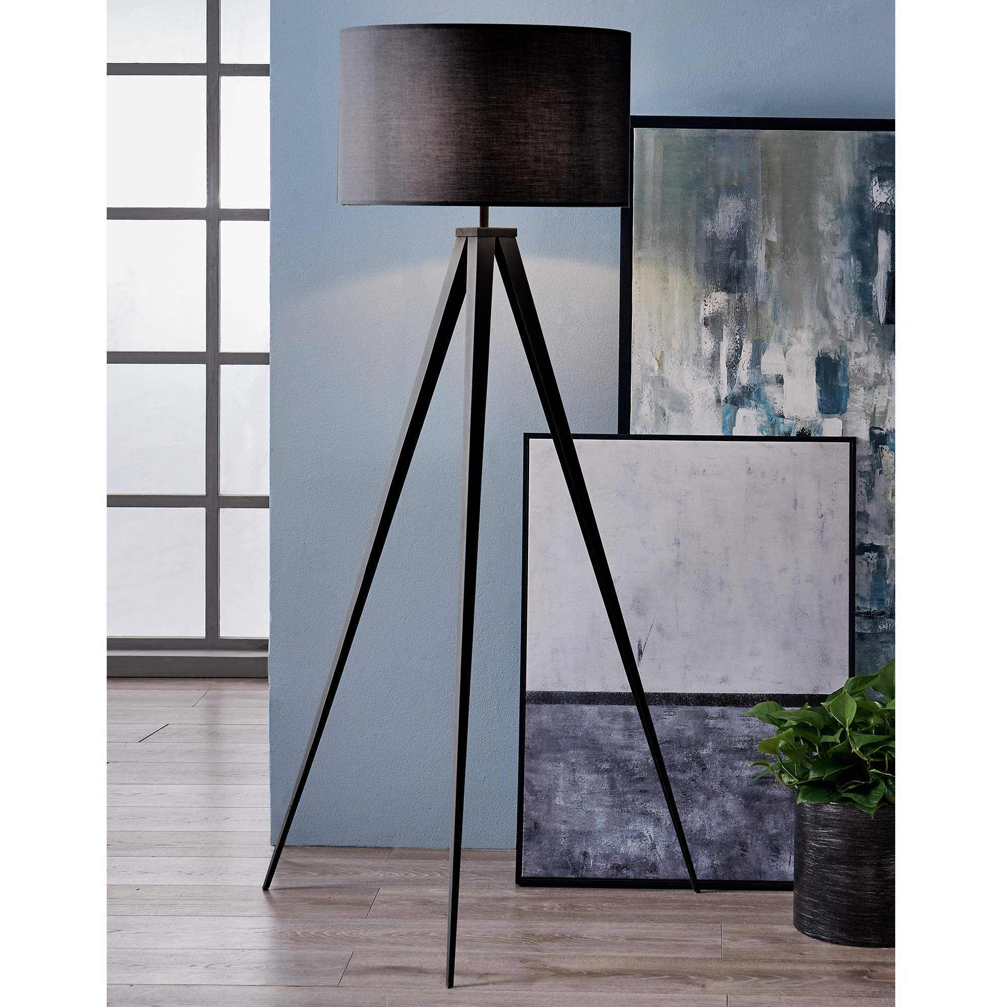 Teamson Home LED Tripod Floor Lamp, 60in Height, Metal, Black, Model VN-L00006, Drum Shade for Living Room, Study, Bedroom, Home Office
