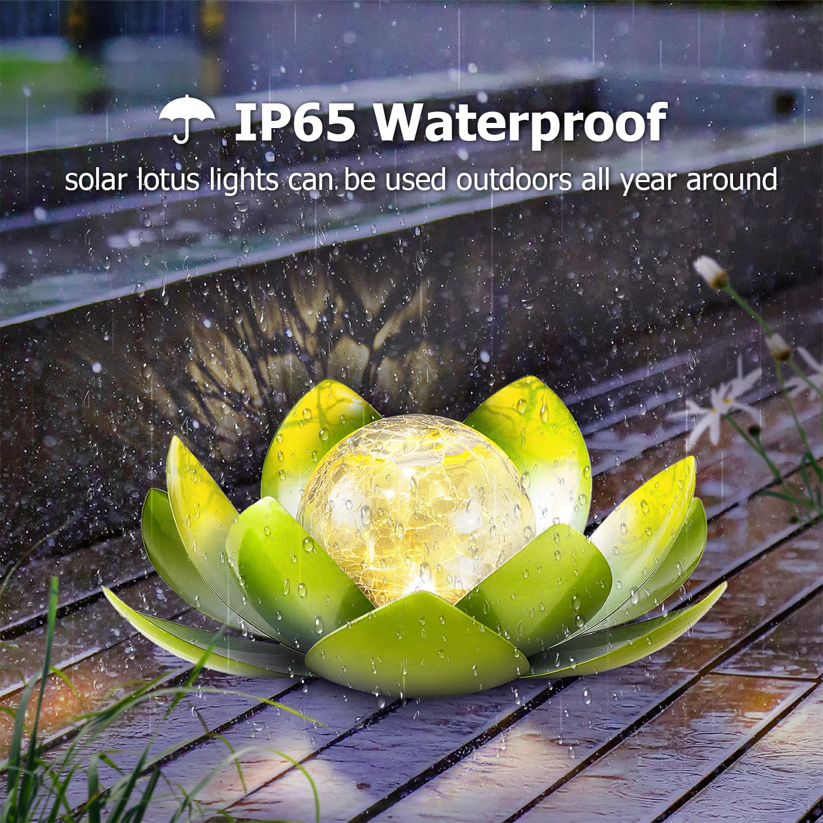 Huaxu Solar Lights Outdoor Garden Decoration Crackle Globe Glass Waterproof Led Metal Green Lotus Flowers Gift For Mom,Women,Pat