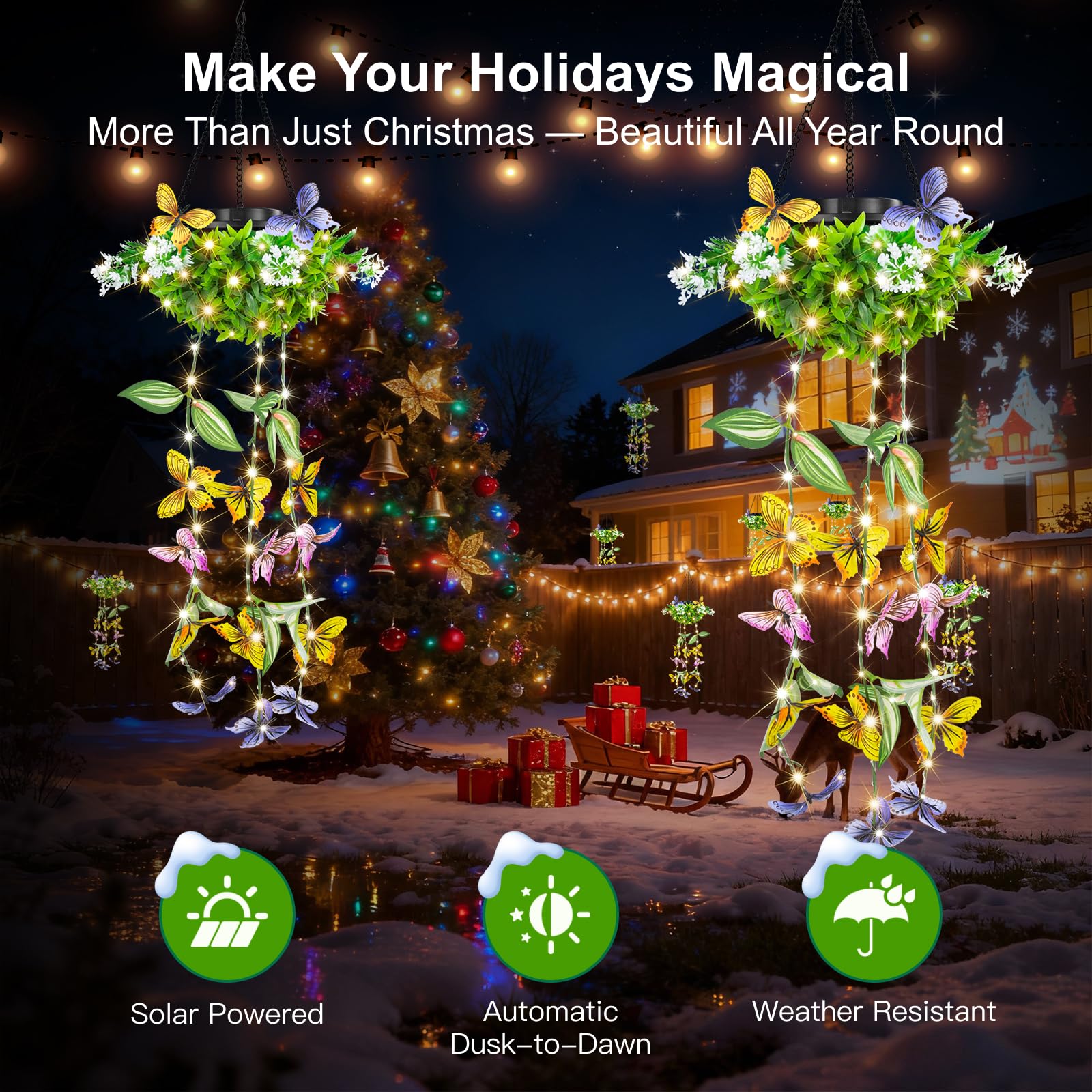 Solar Hanging Garden Lights - 2 Pack  Artificial Butterfly & Flower Led Fairy String Lights  Ip65 Waterproof Outdoor Festive Decor For Patio  Porch  Garden  Yard  Warm Gift For Mom  Family & Friends