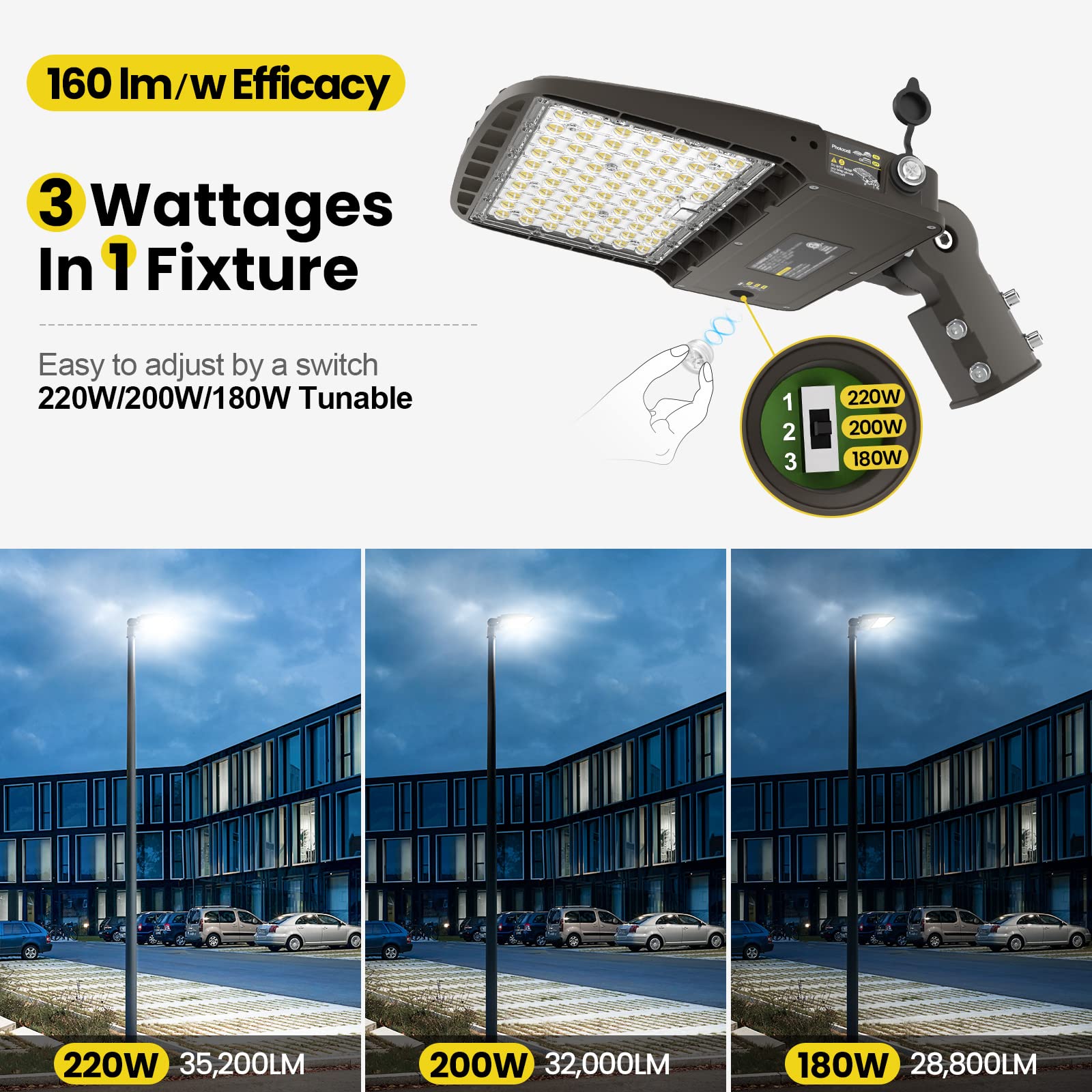 Yarbo 220W Led Parking Lot Light 200W 180W Selectable, 35200Lm(160Lm/W) 5000K Led Shoebox Light, Slip Fitter, Dimmable Parking Lot Lights Commercial With Dusk To Dawn Photocell, Area Street Pole Light