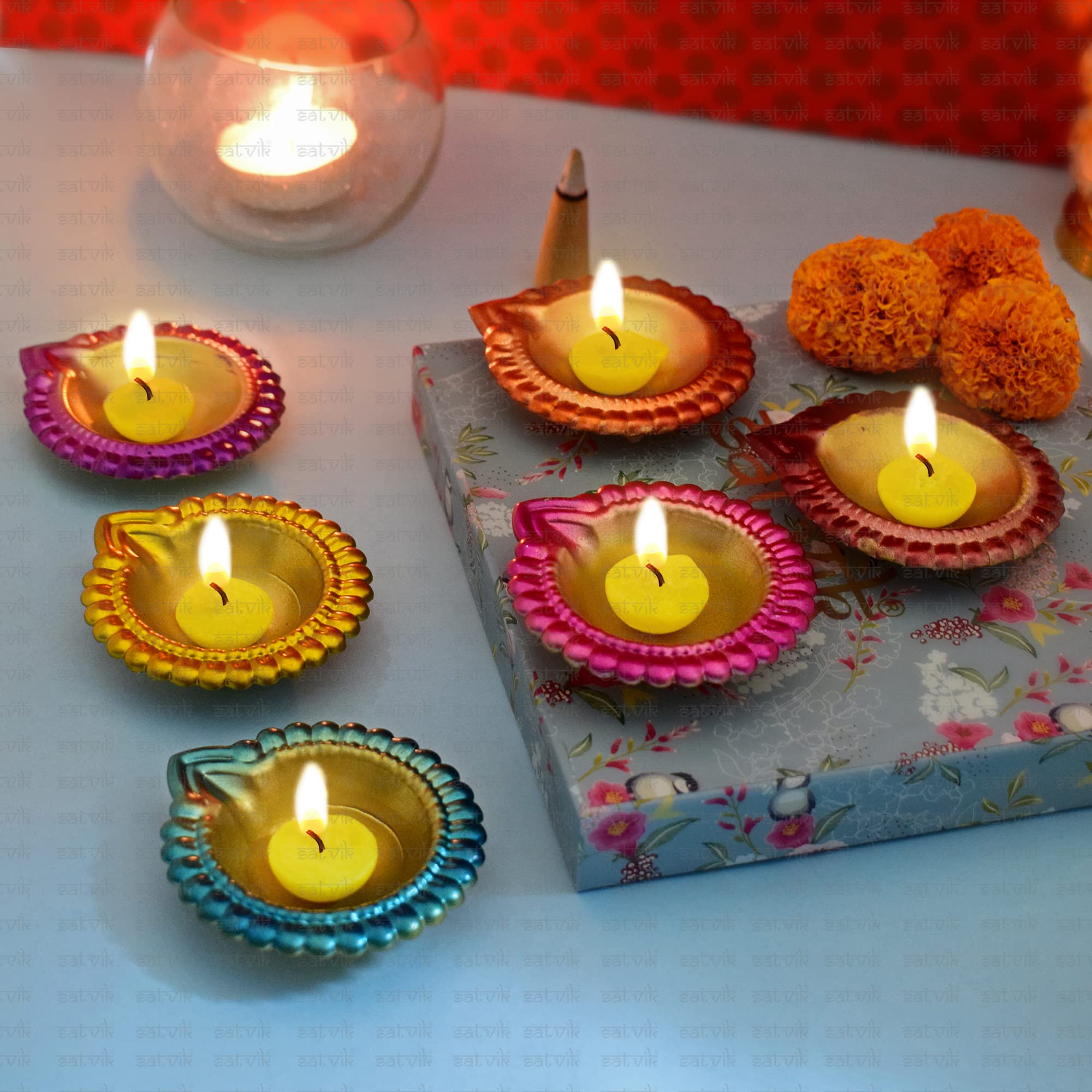 Craftsman Diwali Designer Diya - 24 Pcs Multicolor Metal Oil Lamp & Tea Light Holder for Home Decor and Festive Decoration