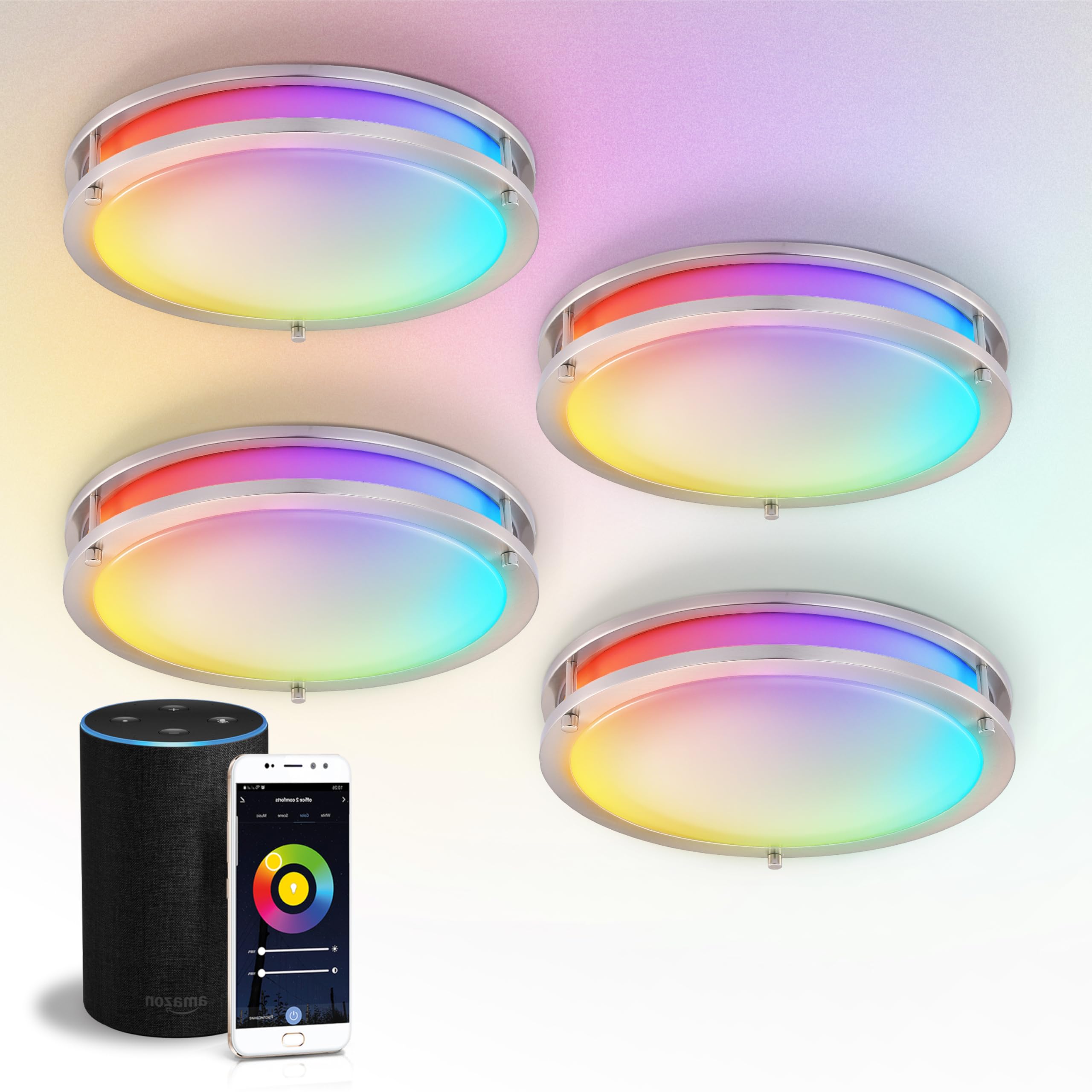 ASD LED Flush Mount Light Fixture, 14 Inch, Dimmable, RGB-2700K-6500K, Brushed Nickel, Model A-DR14D21S-RGBW