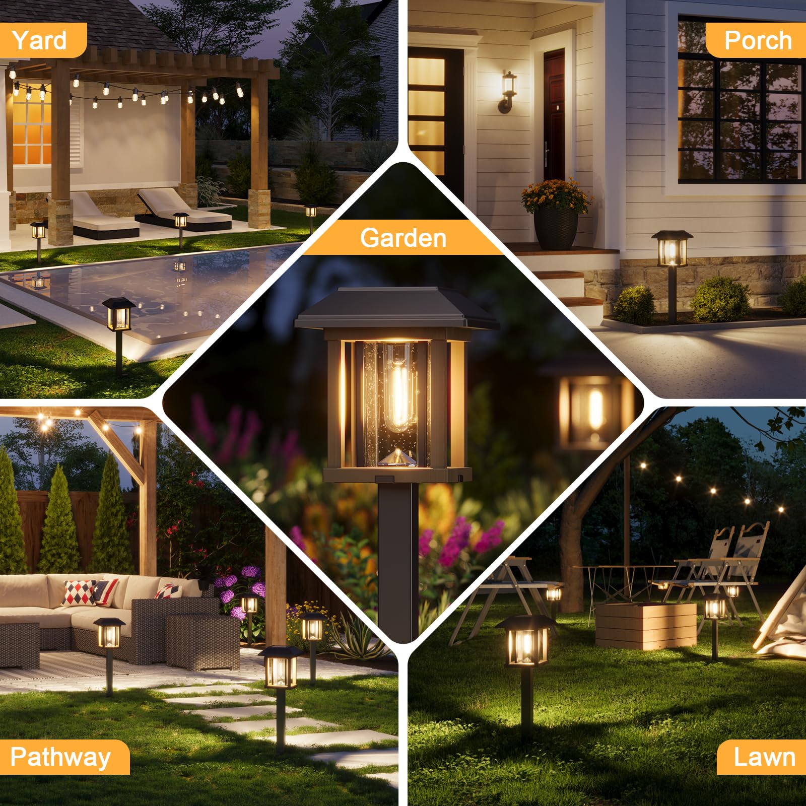 XMCOSY+ Solar Pathway Lights 4-Pack, Vintage Edison LED, 25 Lumens, IP65 Waterproof, Two-Tone Bronze & Wood Color, Model HW-6166B