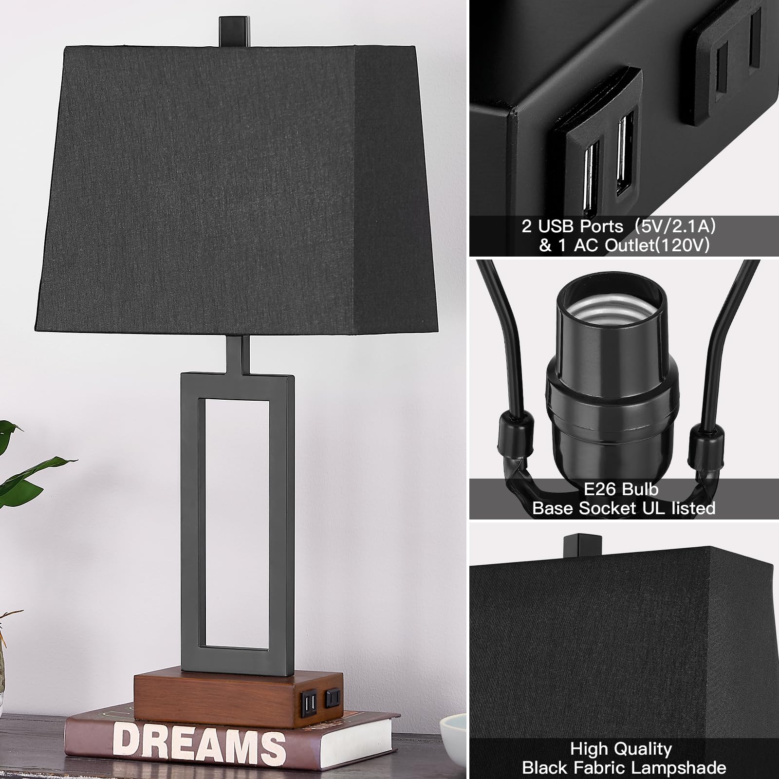 Lolikit Touch Control Table Lamps Set Of 2, Usb Ports, 3-Way Dimmable, Black, Led Bulbs Included