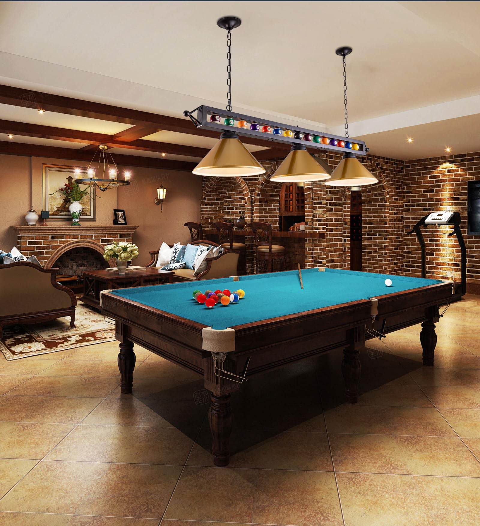 Wellmet 3-Light Billiard Pool Table Pendant Light Fixture, Modern Metal Shade, Gold, for 7'-8' Tables, Model CHL-002-light-Gold