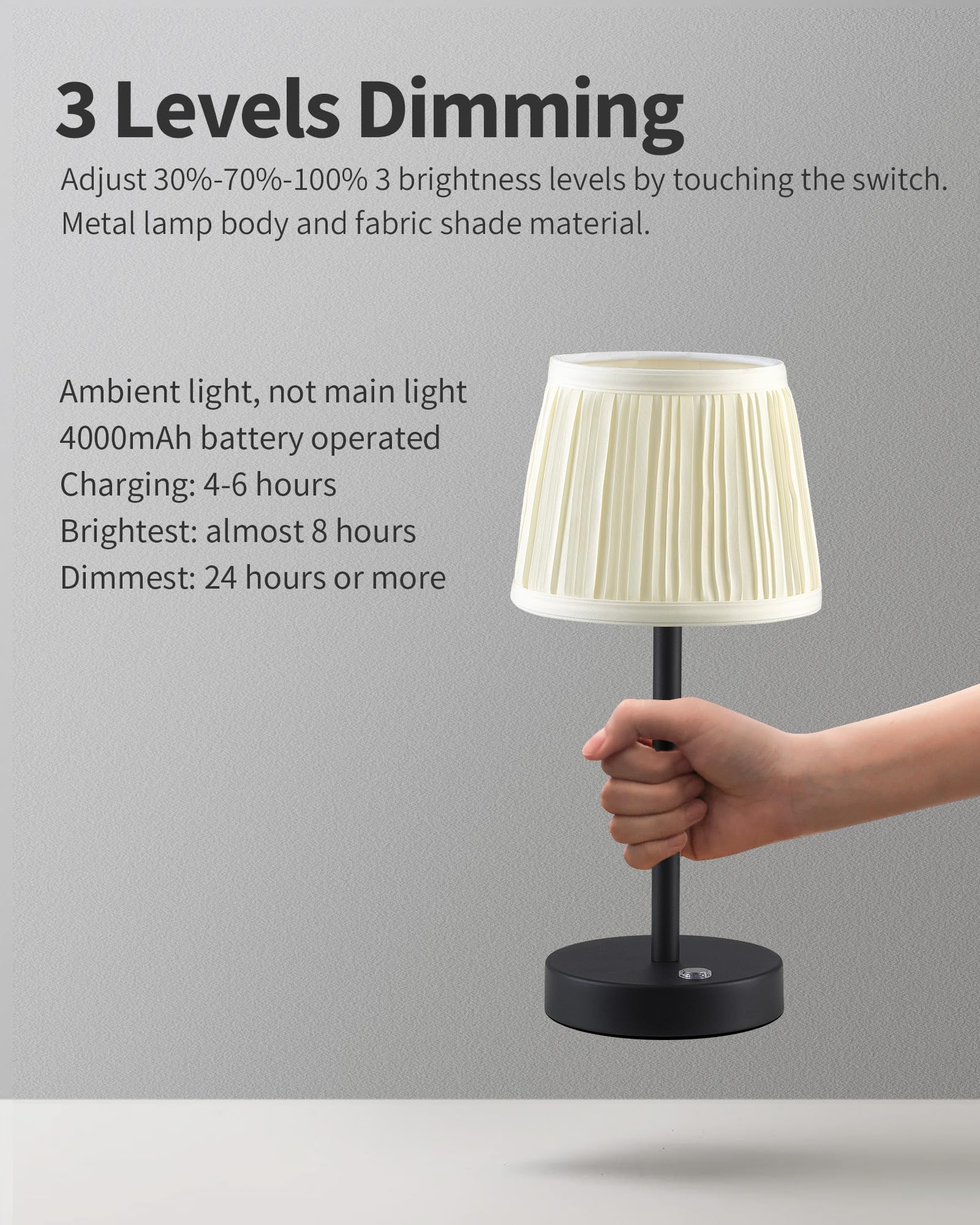 Pusu 2 Pack Cordless Led Black Table Lamps  Rechargeable 4000Mah 3 Way Dimmable Bedside Small Lamp With Fabric Shade  Lighting For Bedroom  Kids Room  Bathroom  Kitchen  Decor  Gift  Night Light