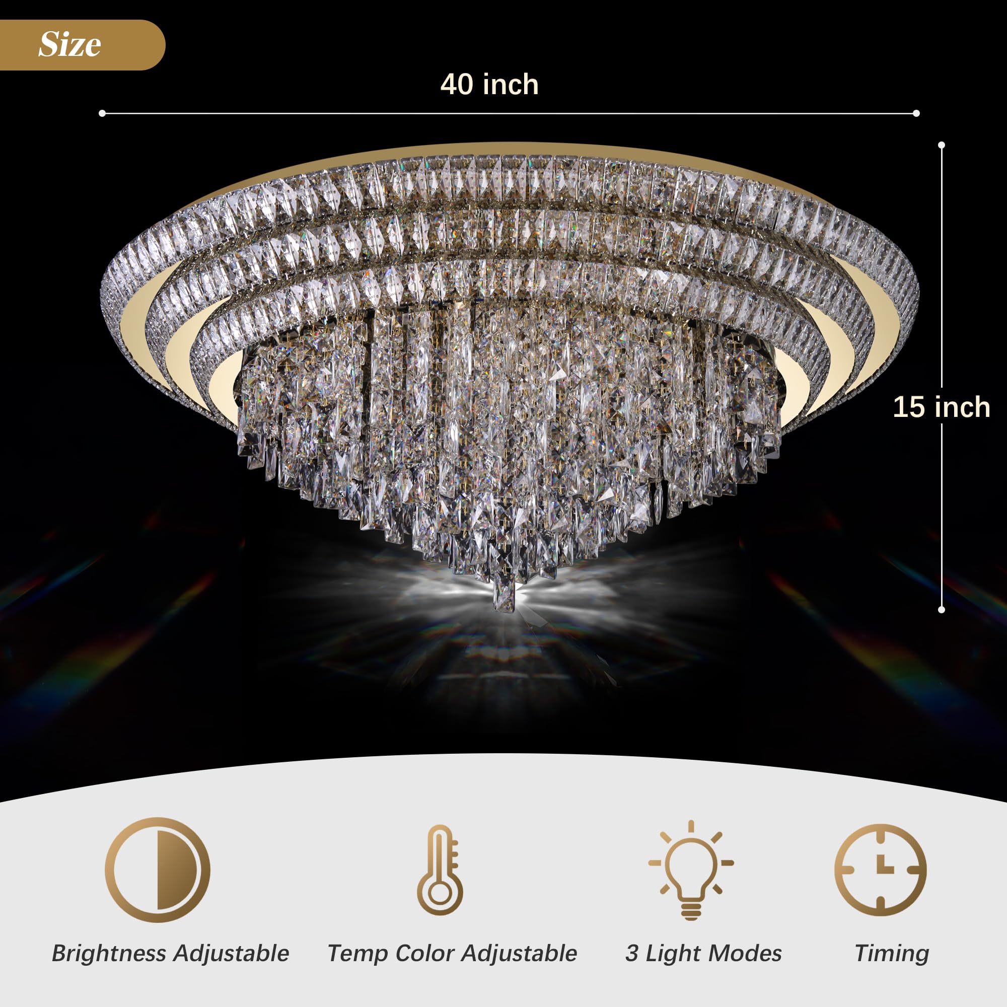 40 inch Crystal Gold Ceiling-Light Flush Mount with Remote Control and APP, 3CCT Dimmable & Brightness Adjustable, Modern Crysta