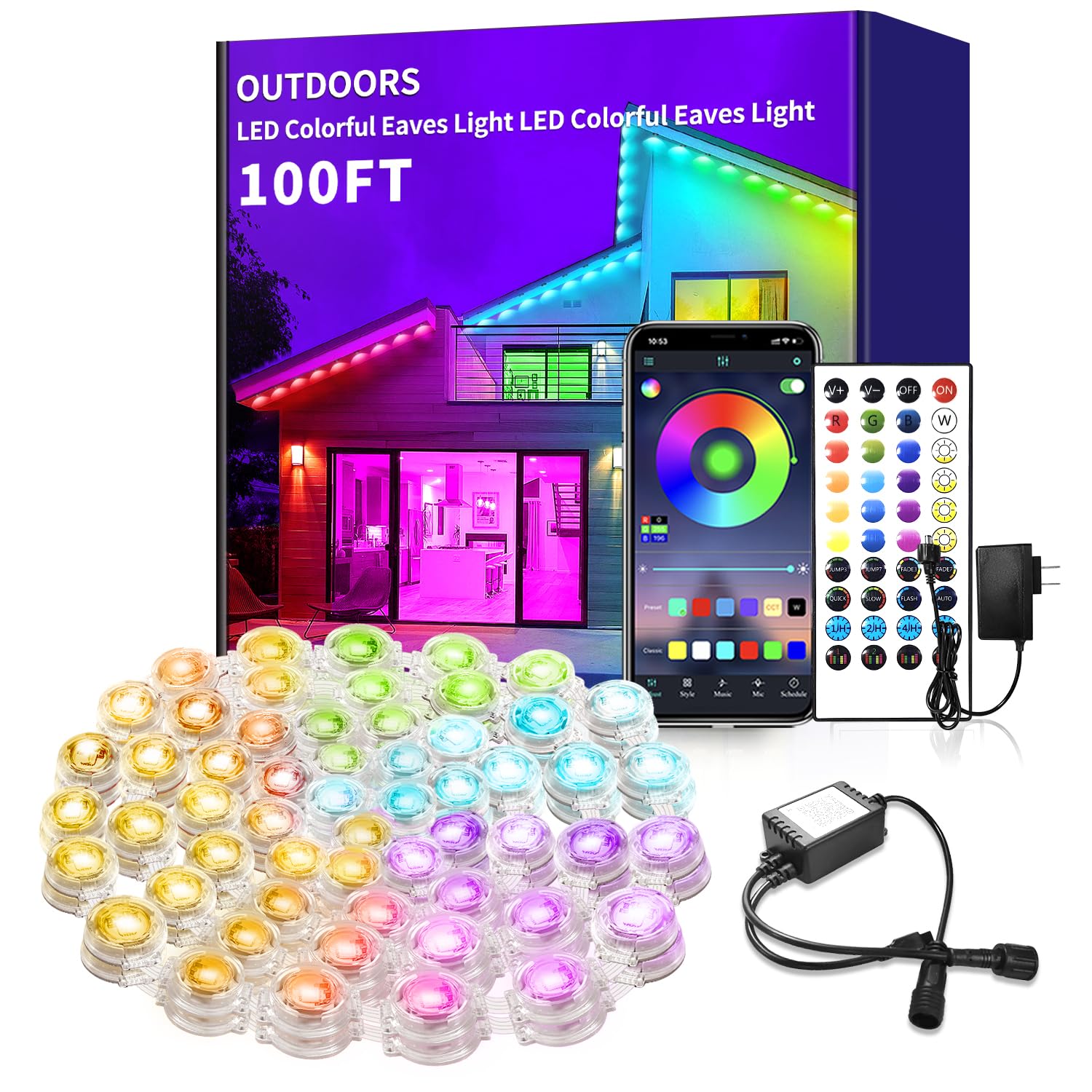 100ft Permanent Outdoor Light  RGB Smart Outdoor eave Lights with APP & Remote Control timed Music synchronisation IP67 Waterproof LED eave Light Suitable for Party Halloween Christmas Rooftop Garden