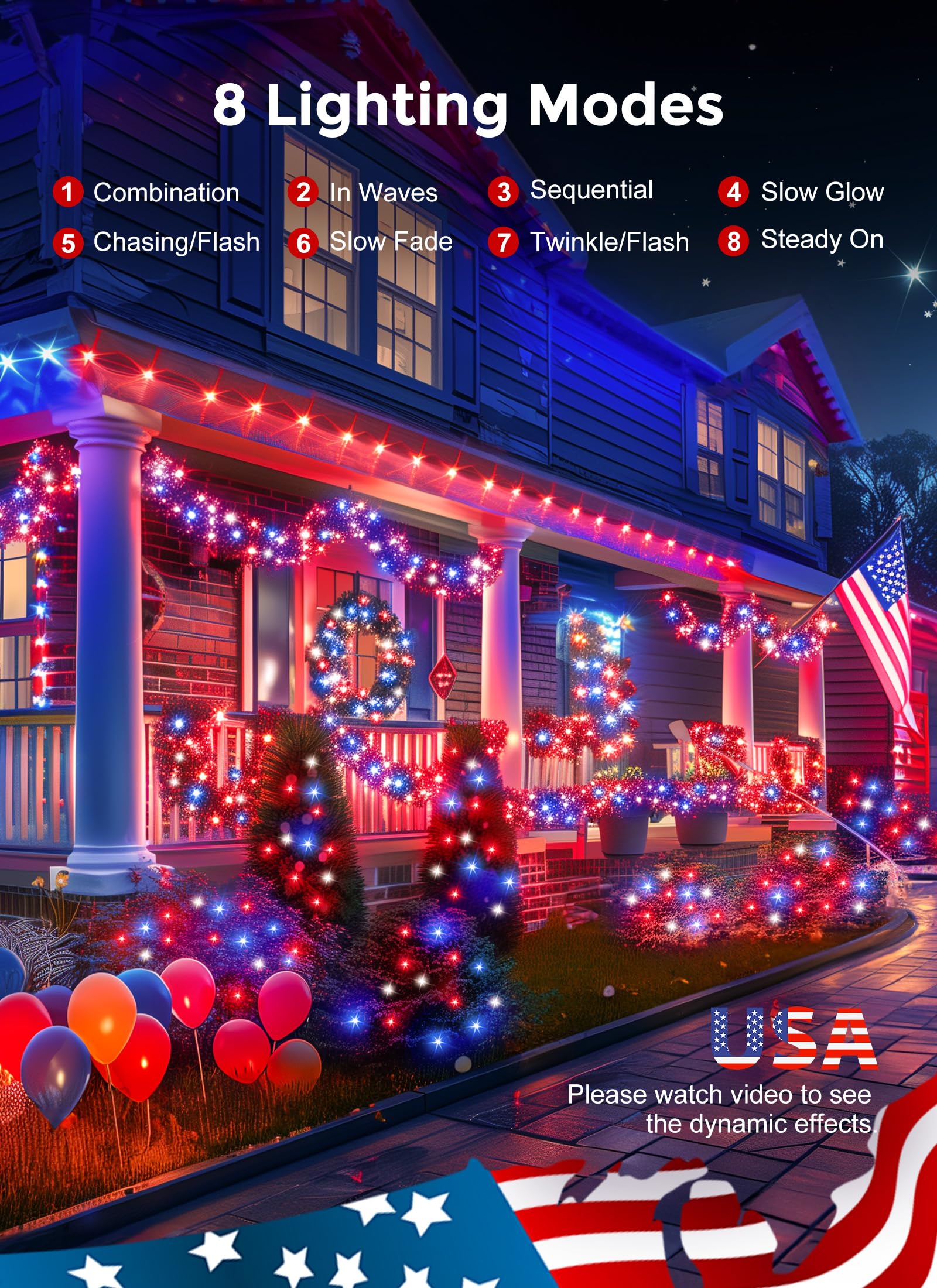 Solar String Lights for Outside, 33Ft 100 LED Outdoor Solar Red White and Blue Lights, 8 Modes 4th of July Lights for Tree Patio